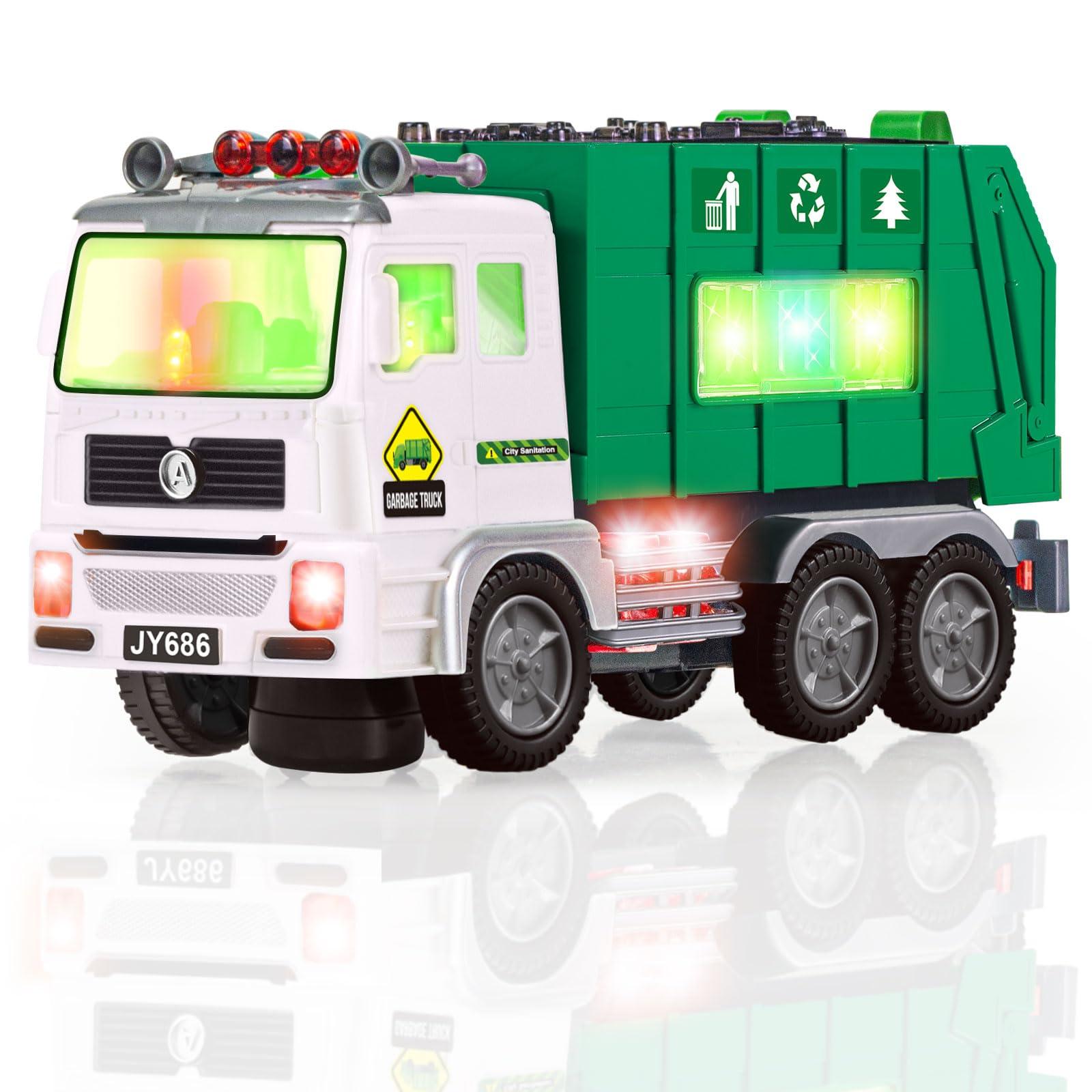 Ynanimery Toy Garbage Truck & Fire Truck & Construction Excavator Toys & Container Truck Toy Cars for Toddlers Boys 1-3 4-7 Birthday Gifts, Truck Car Toys with 4D Lights & Music- Automatic Bump Go Garbage Truck