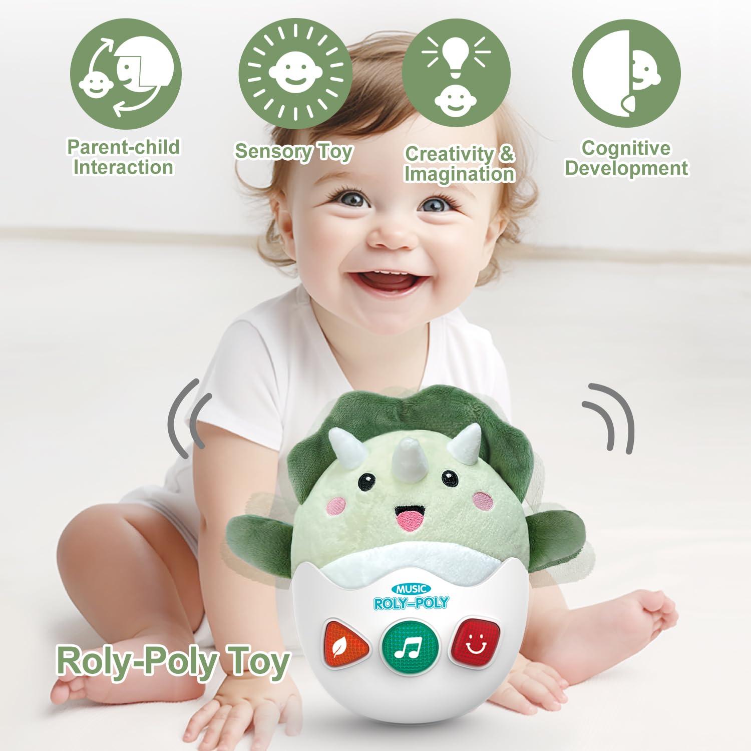 WOWOHAGE WOWOHAGE Baby Dinosaur Toys 0-3-6-12 Months, Musical Infant Toys with Light & Sounds, Soft Plush Stuffed Animal, Newborn Boys Girl 1st Birthday Shower Gift Basket Stuff, Roly-Poly Sensory Tummy Toy