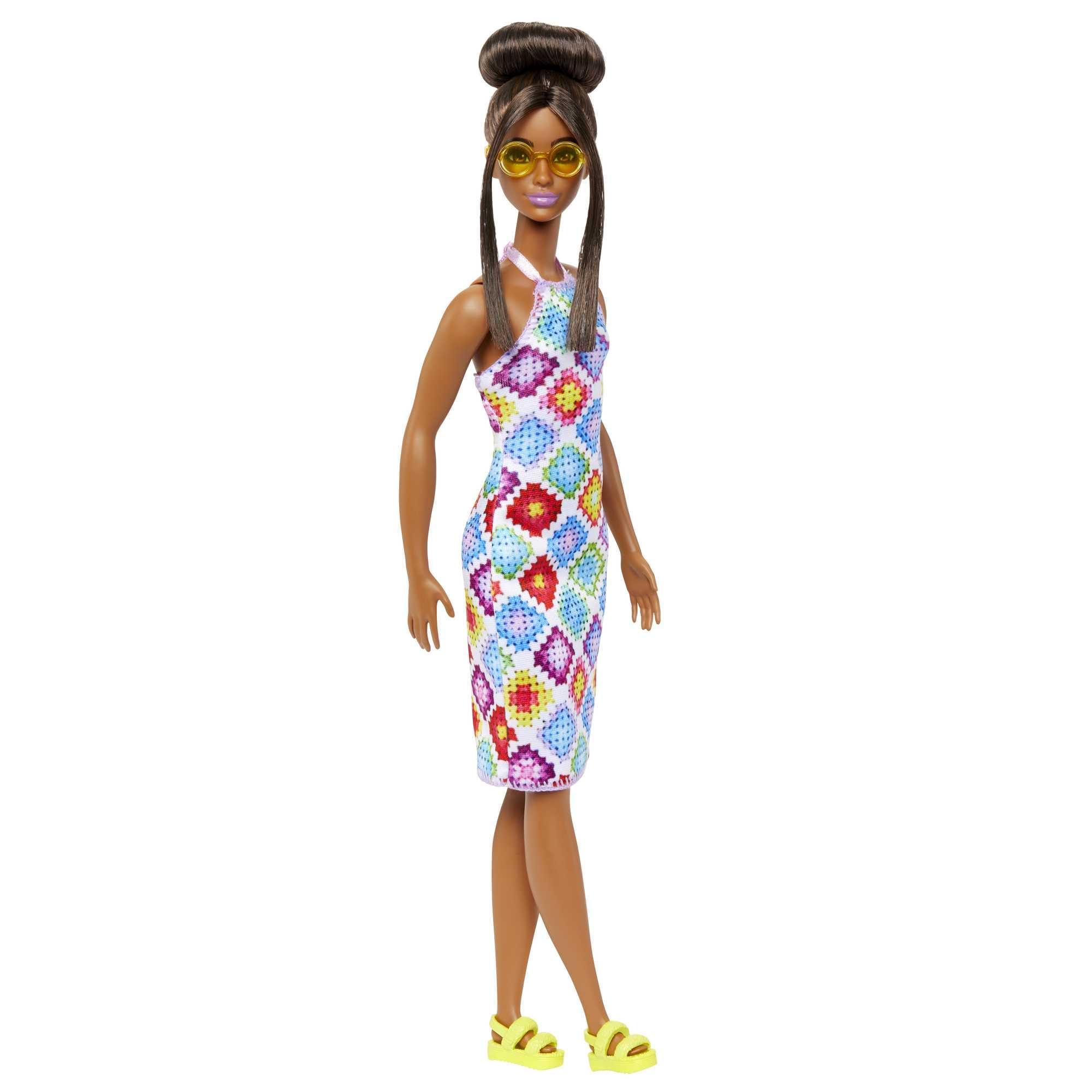 Barbie Barbie Fashionistas Doll #210 with Brunette Hair in Bun Wearing Removable Colorful Crochet Halter Dress, Sunglasses & Sandals