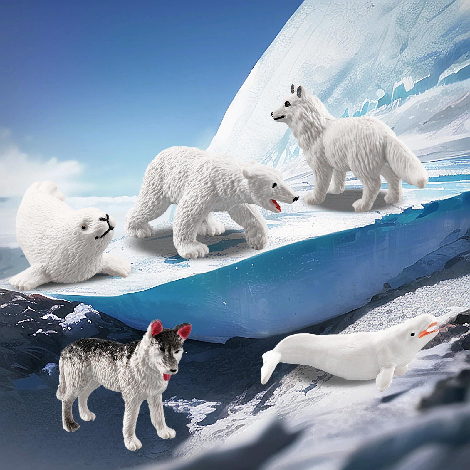 SCAHOW 10 PCS Arctic Animals Figures, Polar Animals Figurines for Diorama School Project, Arctic Tundra Animal Toys Set with Polar Bear Deer Arcitc Fox Wolf