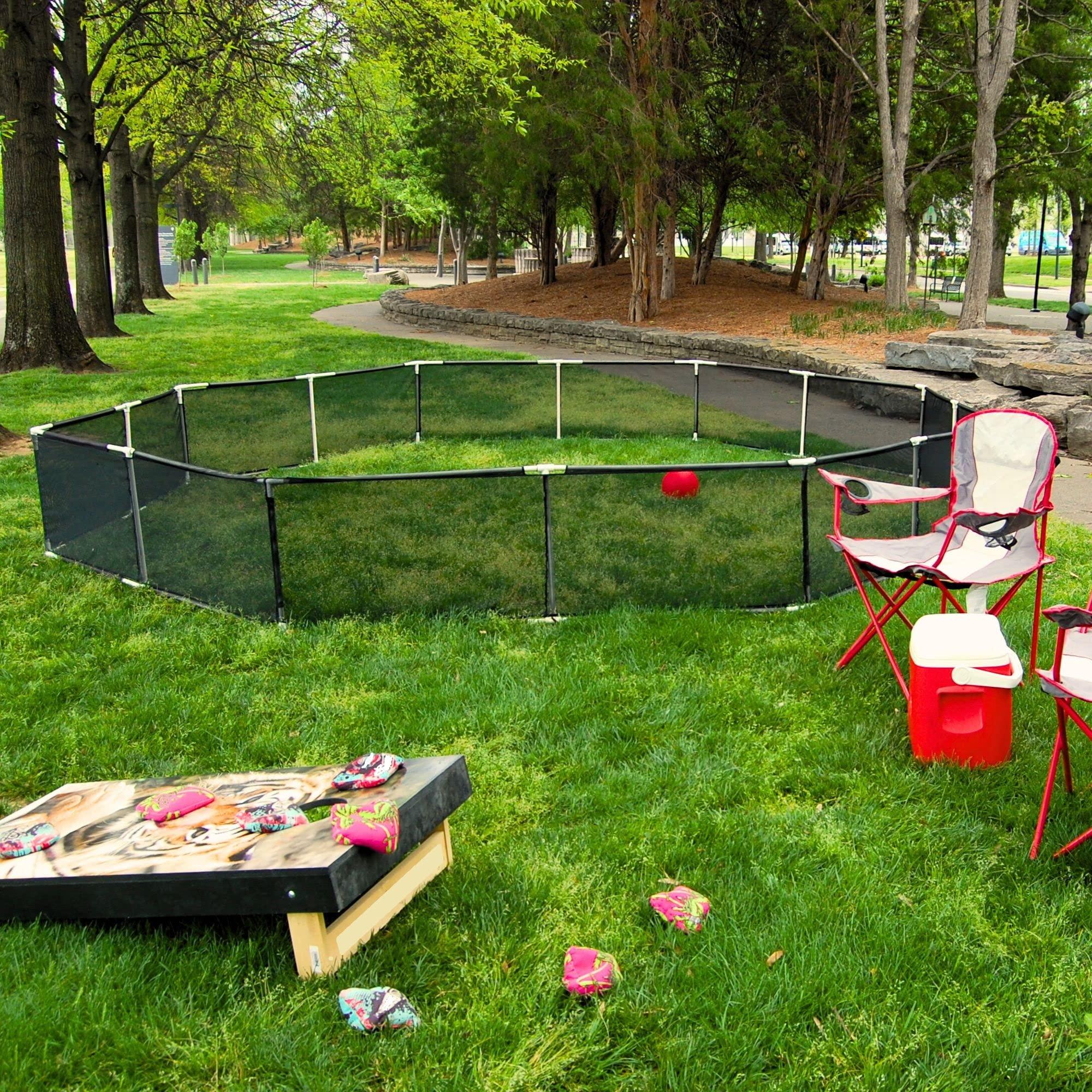 Modern Household Innovations Portable Gaga Ball Pit Kit 15 FT Gaga Pit - Strong Nylon Mesh, Inflatable Gaga Ball, Pump & Carry Bag, Adult Ball Pit for Field Day Games & Physical Education Equipment