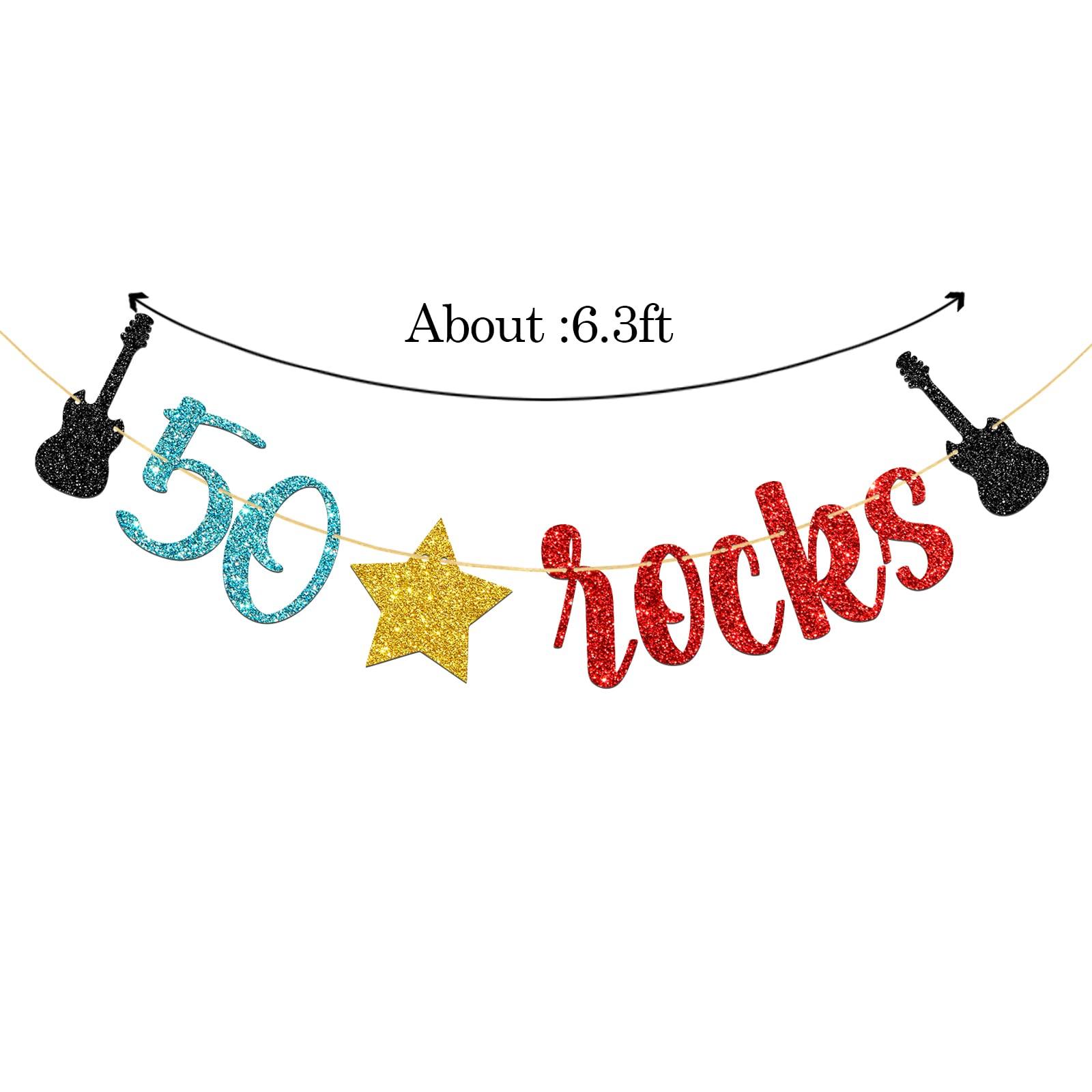 WeBenison WeBenison 50 Rocks Birthday Banner Rock and Roll Music Theme 50th Birthday Banner / 50\'s Rock Guitar Birthday Party Decorations Glitter (50)