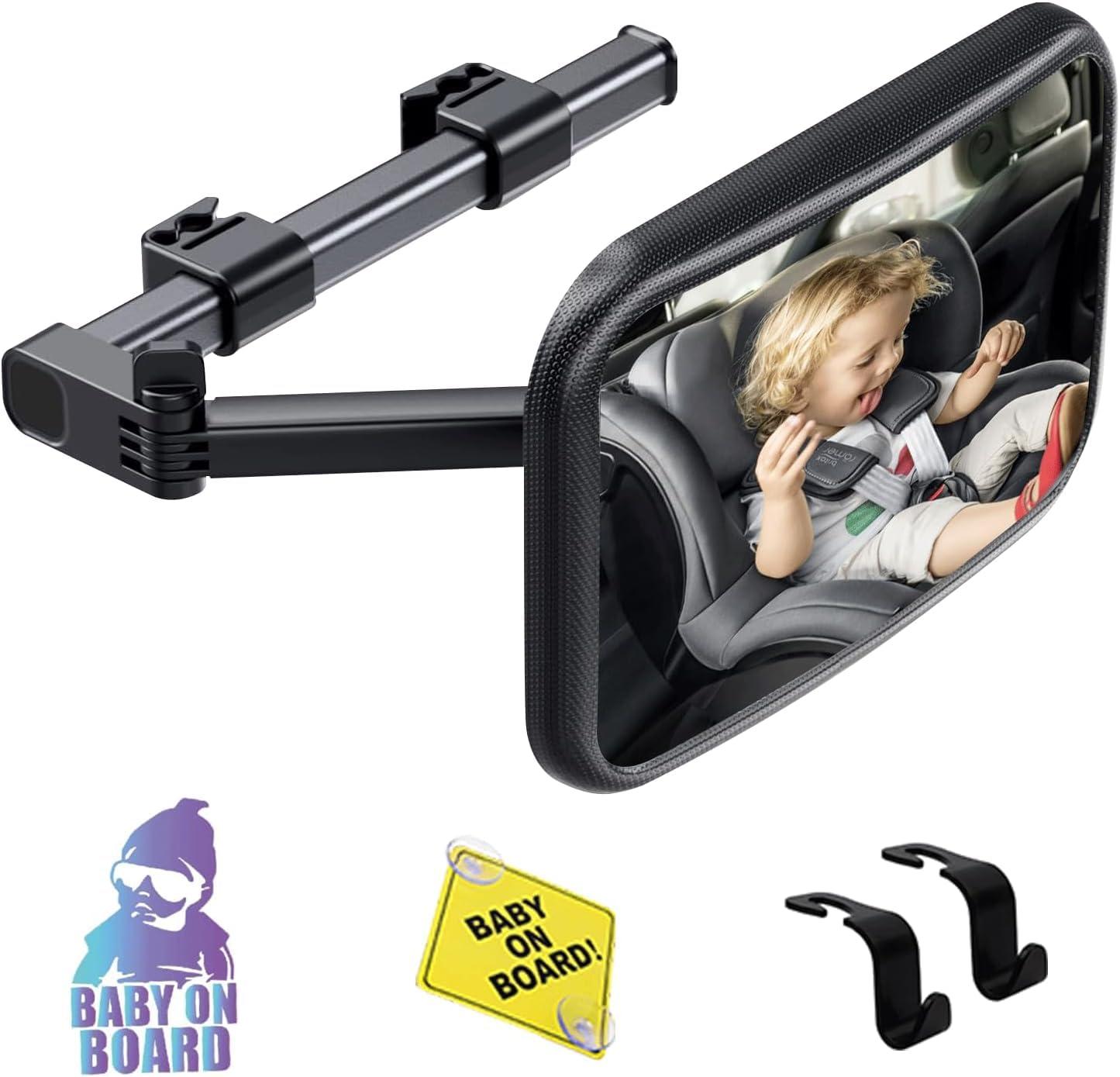 TDFERAN Baby Car Mirror Rear Facing, Safety Adjustable Car Seat Mirror for Baby Extendable Baby Car Mirror Large Car Mirror for Baby with Hook Clip Design + 2 Baby on Board Stickers,2 Car Seat Headrest Hook