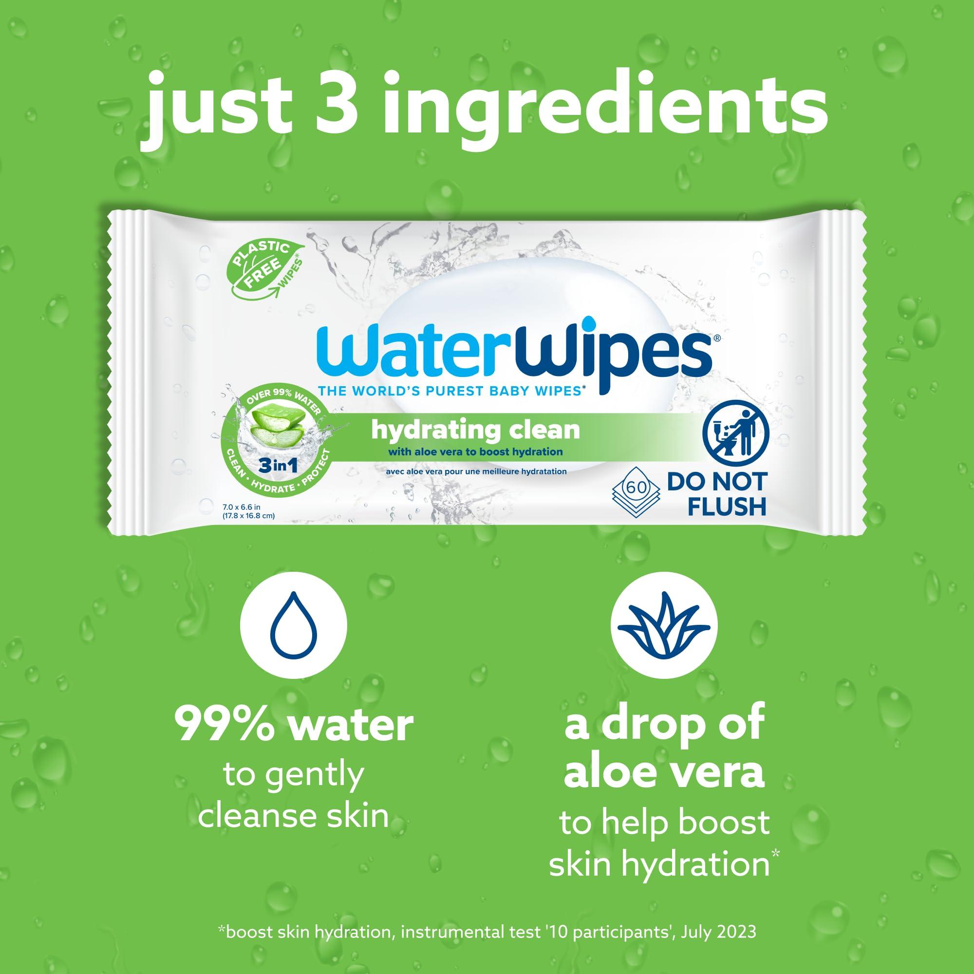 WaterWipes WaterWipes Hydrating Clean Baby Wipes, 99% Water-Based Formula with Aloe Vera to Hydrate & Clean Skin, Unscented & Hypoallergenic, 360 Count (6 Packs)