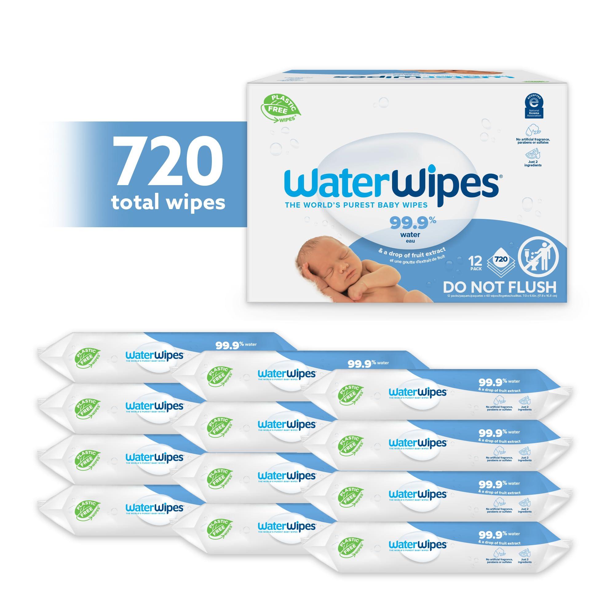 WaterWipes WaterWipes Plastic-Free Original Baby Wipes, 99.9% Water Based Wipes, Unscented & Hypoallergenic for Sensitive Skin, 60 Count (Pack of 12), Packaging May Vary
