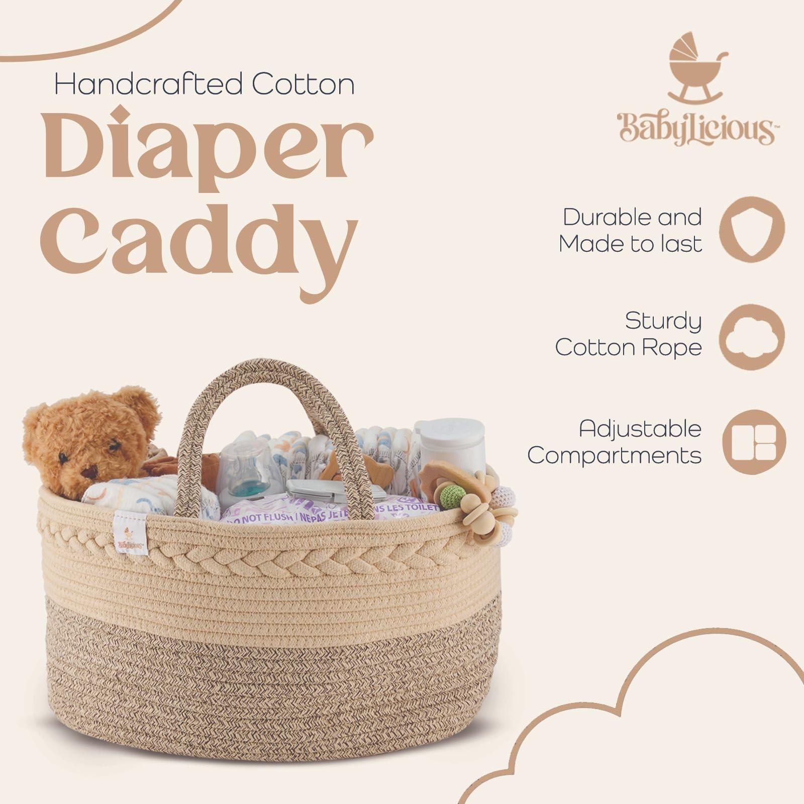 Babylicious Baby Diaper Caddy Organizer | Changing Table Organizer for Wipes and Diapers | Cotton Rope Diaper Organizer for Changing Table - Large | Newborn Essentials Must Haves for Parents - Sandy Beige