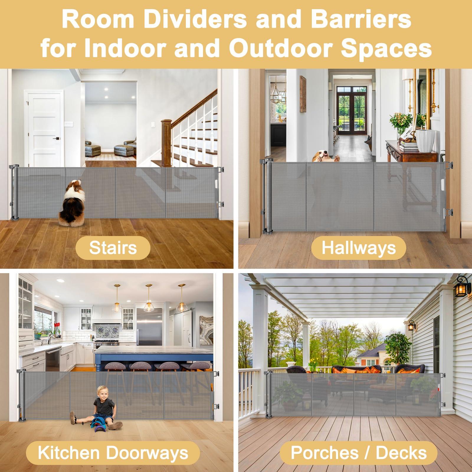 Stcockis 28 Inch Tall Retractable Baby Gates, 80" Wide Reinforced Retractable Dog Gate with Support Rods, Walk Through Pet Gate, Short Dog Gate Retractable Pet Gate, Mesh Baby Gate for Stairs, Doorways, Gray