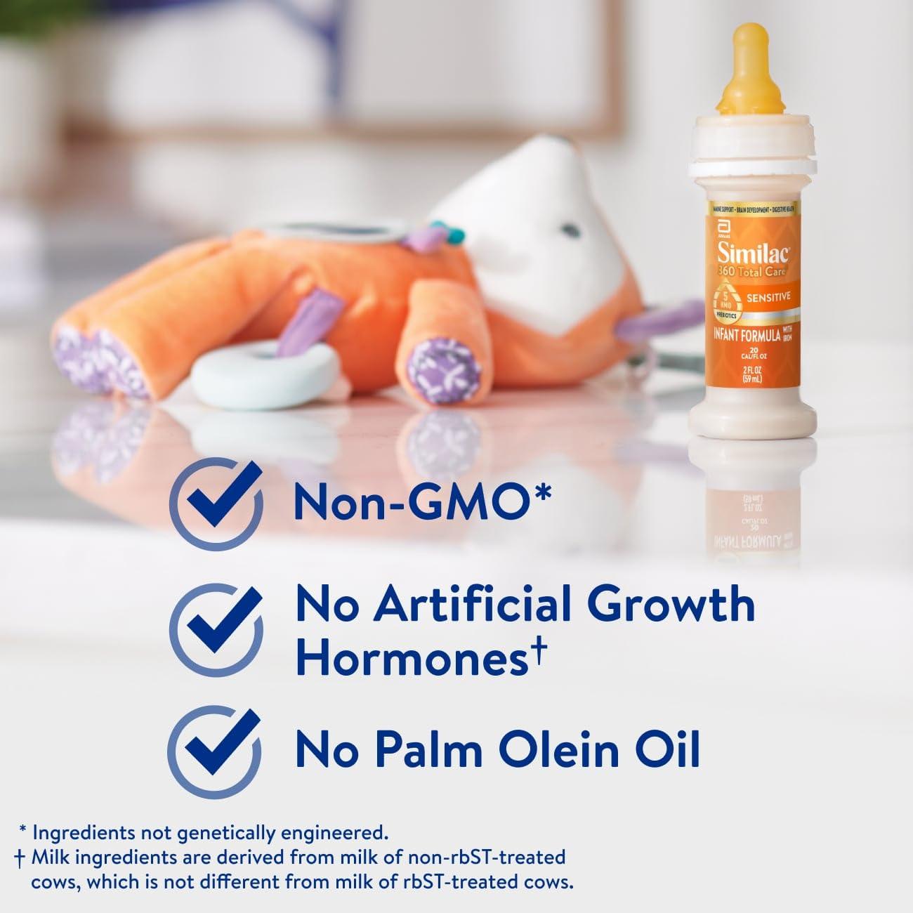 Similac Similac 360 Total Care Sensitive Infant Formula for Fussiness & Gas Due to Lactose Sensitivity, Has 5 HMO Prebiotics, Non-GMO, Baby Formula, Ready to Feed, 2-fl-oz Bottle, Pack of 12