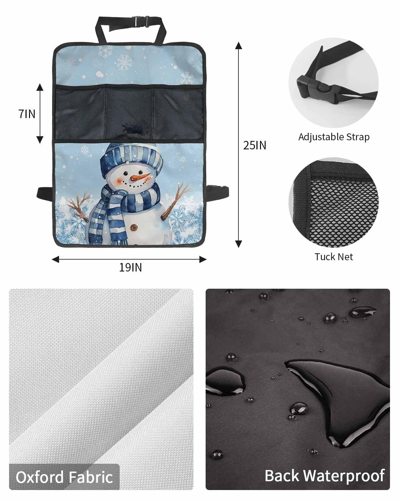 T&H XHome Car Seat Protector, 2 Pack Kick Mats with Organizer - 3 Pocket Storage, Blue Christmas Snowman Striped Cap and Scarf Snowflake Back Seat Cover for Kids Universal Fit Automotive Interior Protectors