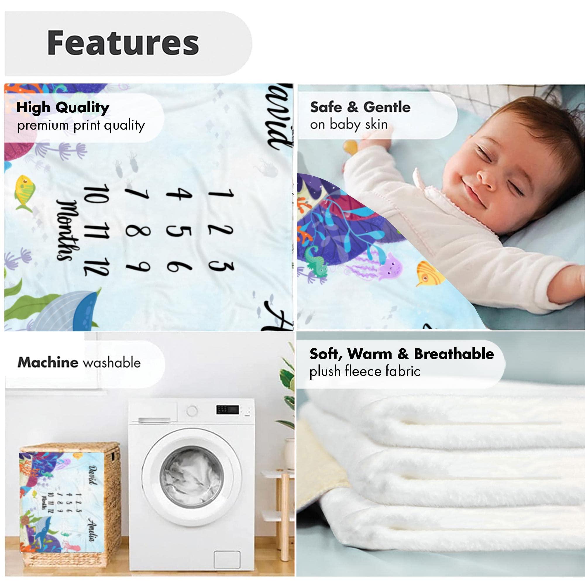 VibeCustom Personalized Ocean Wonderland Baby Blanket, Custom Names Underwater ThemeTracker, Soft Plush Marine Life Growth Chart, Nautical Nursery Decor