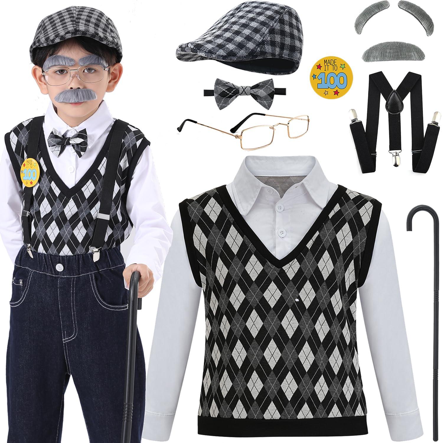 Z-Shop Z-Shop Old Man Costume for Boys 100th Day of School Kids Grandpa Old Person Vest with Hat,4