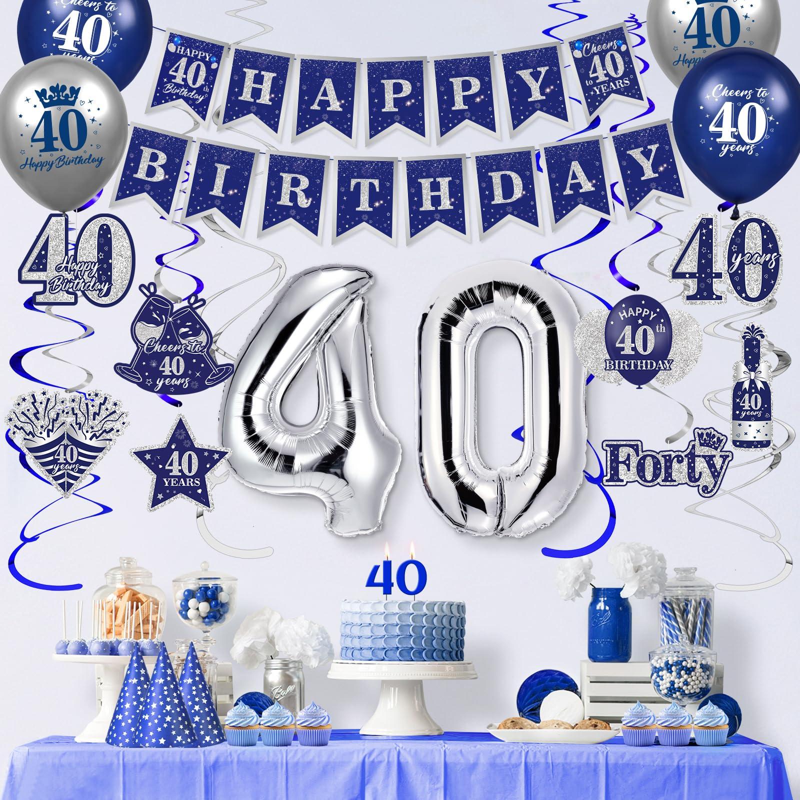 RUMIA Blue 40th Birthday Decorations for Men Women, 47Pcs Navy Blue Silver Happy 40th Birthday Banner Balloons Honeycomb Centerpiece Hanging Swirls Kit for Cheer to 40 Years Birthday Party Supplies Decor