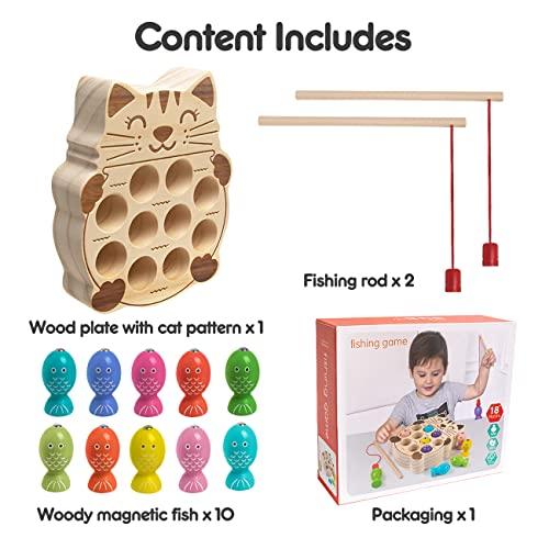 NAODONGLI Magnetic Fishing Game,Wooden Montessori Magnetic Fishing Toys for Toddlers,Preschool Education Learning Hand-Eye Cognition & Fine Motor Skill Birthday Gifts for 3 4 5 Years Old Kids Boys Girls