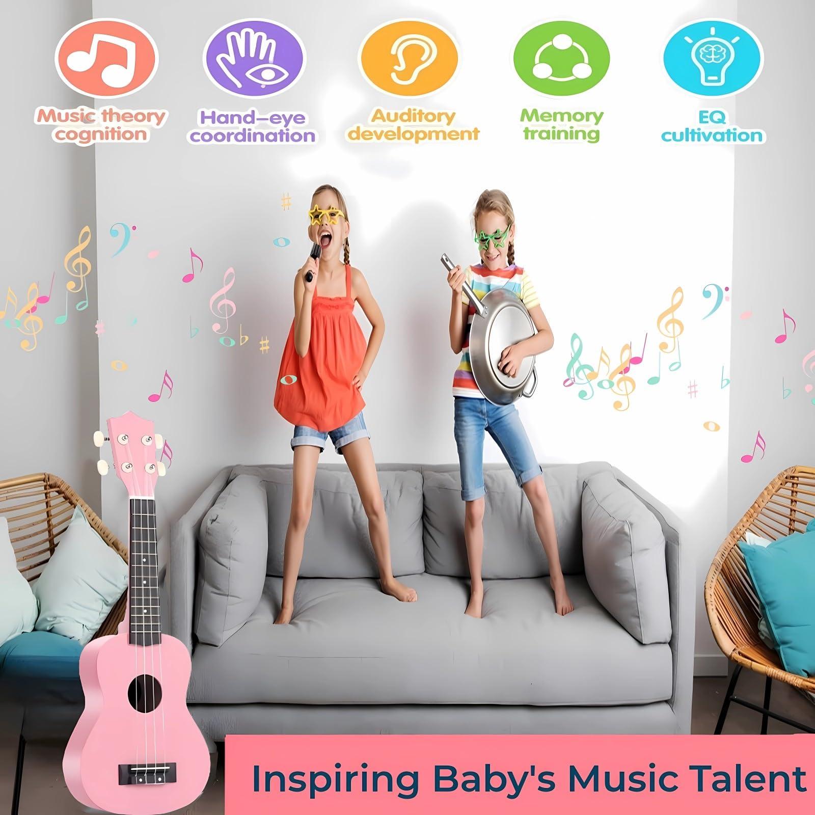 Jakeloo Kids Guitar Acoustic, Jakeloo 21 Inch Carbon Fibre Ukulele Toddler Acoustic Guitar Toy Guitar Child Guitar Musical Toy Kids Instruments Ideal for 3-9 Year Old Boys Girls Gifts (Pink)