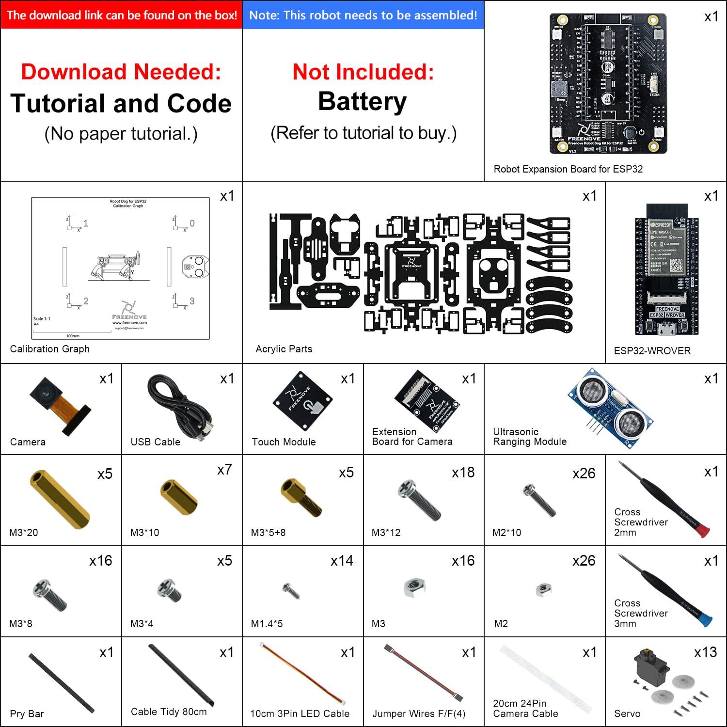 FREENOVE FREENOVE Robot Dog Kit for ESP32-WROVER CAM (Included), Dual-core 32-bit 240 MHz Microcontroller, Walking, Camera, Touch Sensor, Ultrasonic Ranging, Buzzer, RGB LED, Servo, App