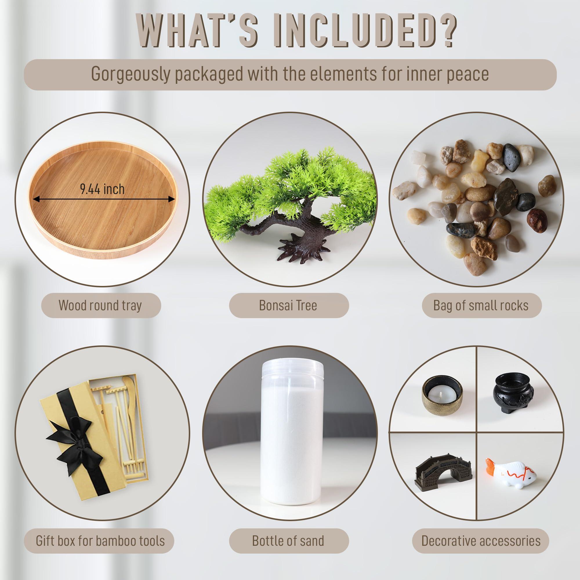 Timani Japanese Zen Garden for Desk - Zen Garden Sand Kit, Artificial Bonsai Tree, Rakes & Accessories - Japanese Decor Office Home Desktop Relaxation Sandbox Decor. 9.5\" Inches Wooden Round Tray