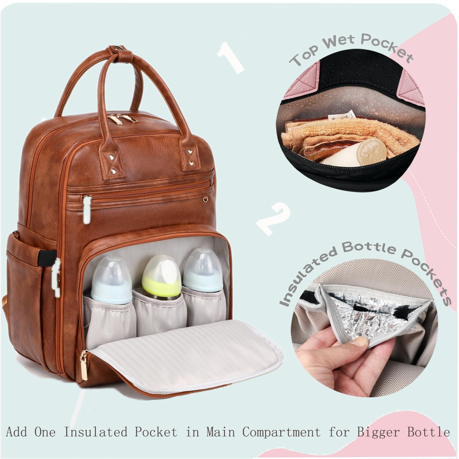 LORADI LORADI 18 Pockets Diaper Bag Backpack with Waterproof Pockets and Stroller Buckle, Convertible Tote Bag (Brown)