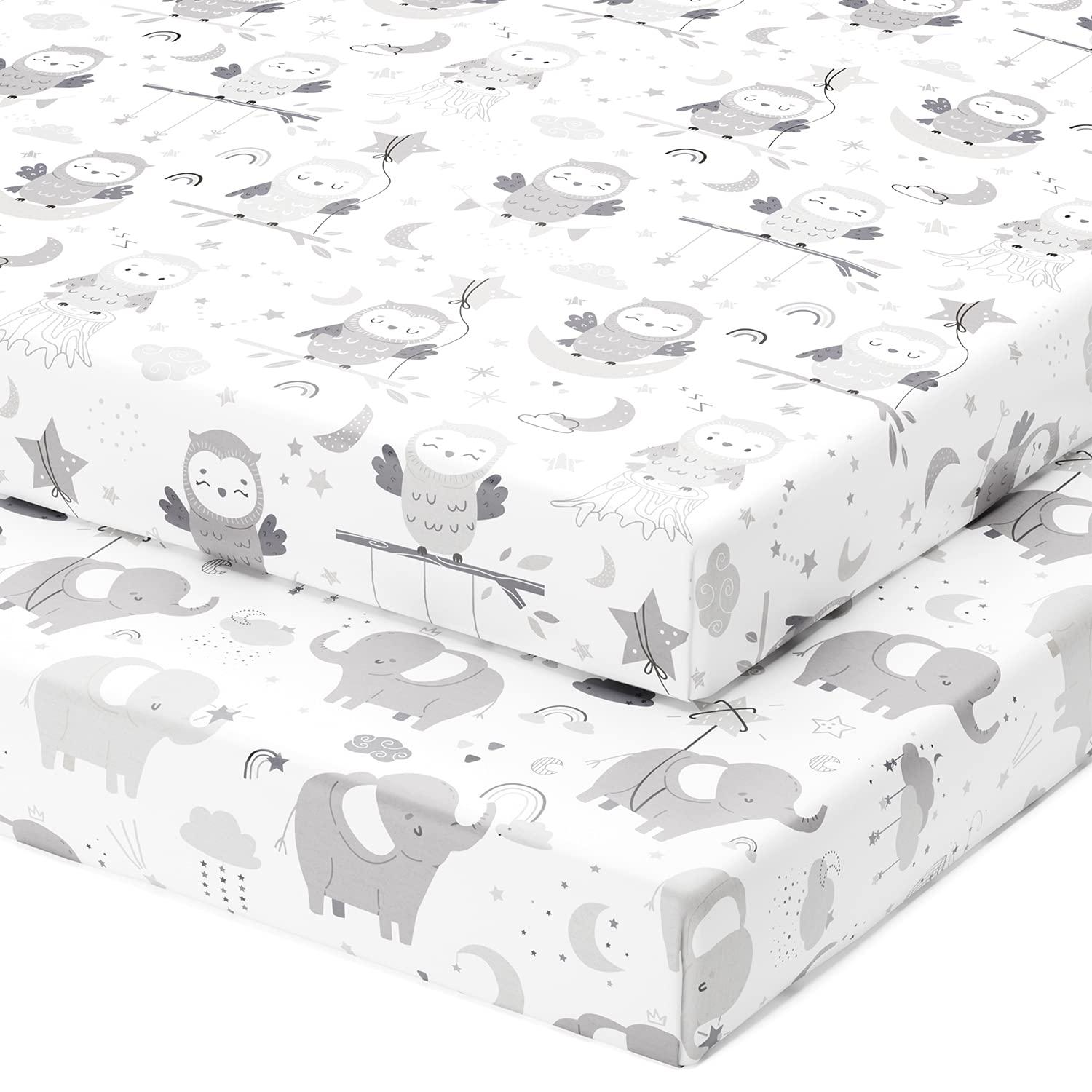 Joey + Joan Pack and Play Sheets Fitted Compatible with Graco Pack n Play Playard Crib and Other 27 x 39 Inch Playpen Mattress Snuggly Soft 100% Jersey Cotton 2 Pack Play Yard Sheet Set for Boys & Girls