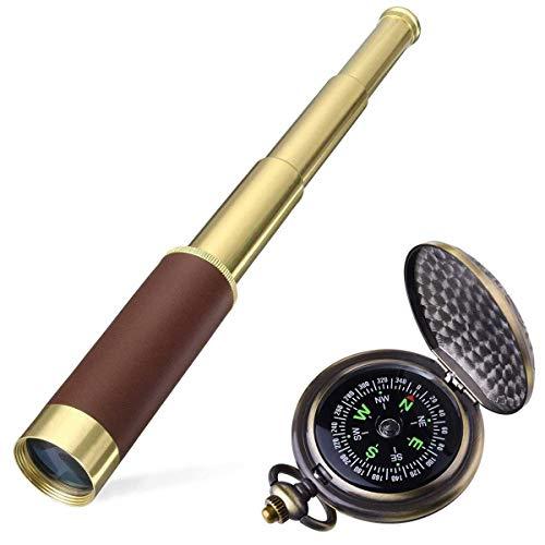 Aubric Retro Pirate Telescope Spyglass for Kids Adults Portable Collapsible Handheld Telescope Monocular Zoomable 25x30 & Survival Gear Compass Pocket Military Compass for Outdoor Camping Hiking Boating