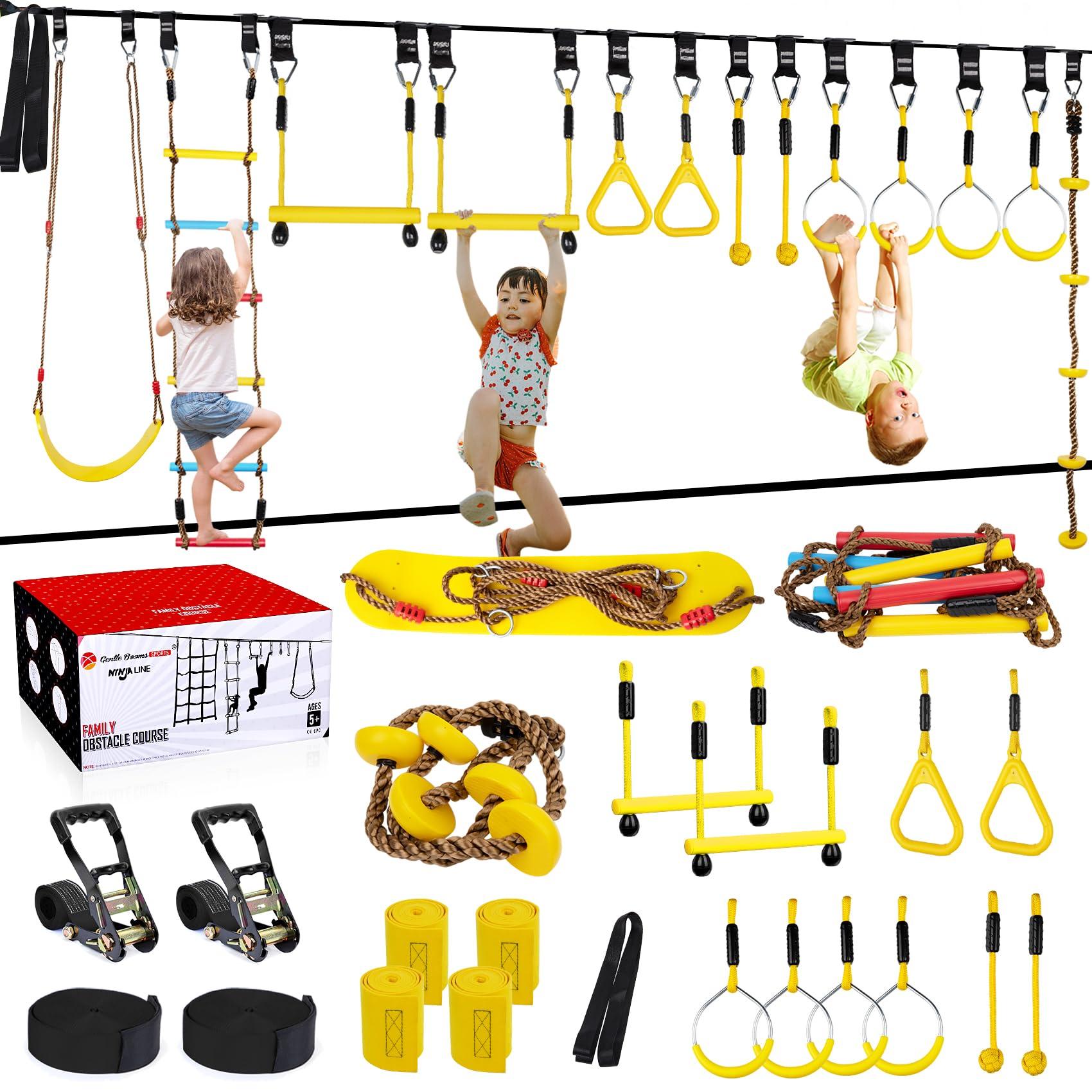 ninja line NINJA LINE 2X65FT Ninja Warrior Obstacle Course for Kids - Ninja Slackline with 14 Obstacles - Ninja Course for Kids with Swing, Ladder,Monkey Bar,Arm Trainer, Climbing Rope