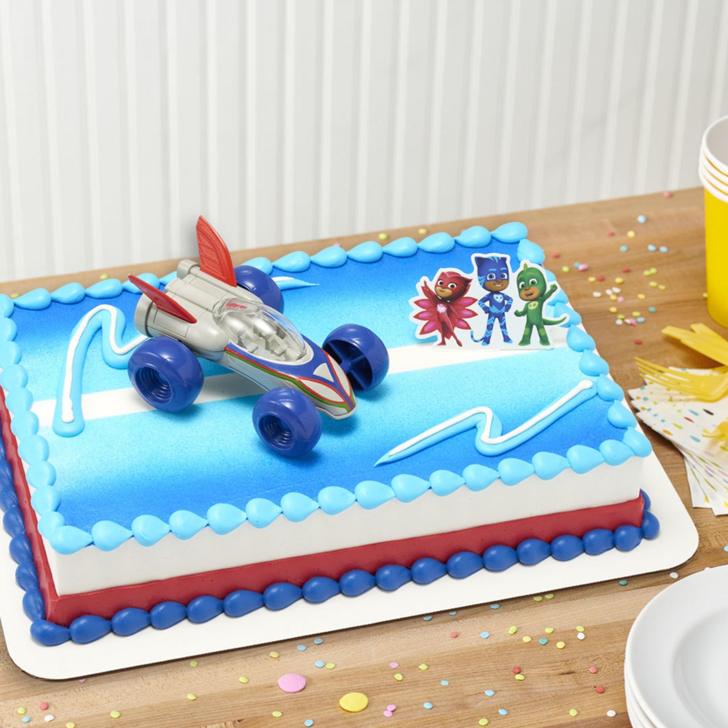 DecoPac DecoSet PJ Masks Save the Day Cake Topper, 2 Piece Cake Decoration With Free-Wheeling Car And Catboy, Owlette, and Gekko Pic | For Birthday, Parties, Celebration