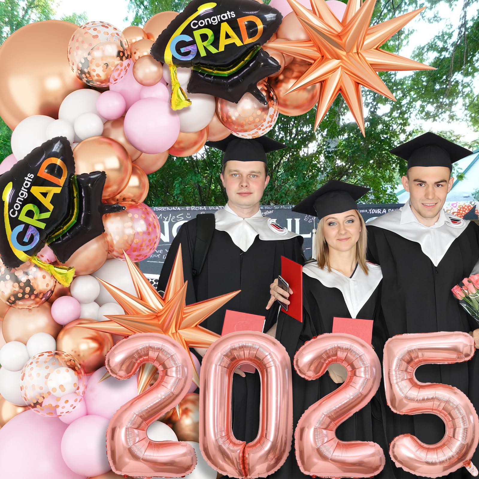 GRESATEK Graduation Balloons Garland Arch Kit, Graduation Balloons Class of 2025, Rose Gold and Pastel Pink White Balloons with Graduation Class Foil Balloons for 2025 Graduation Party Decor