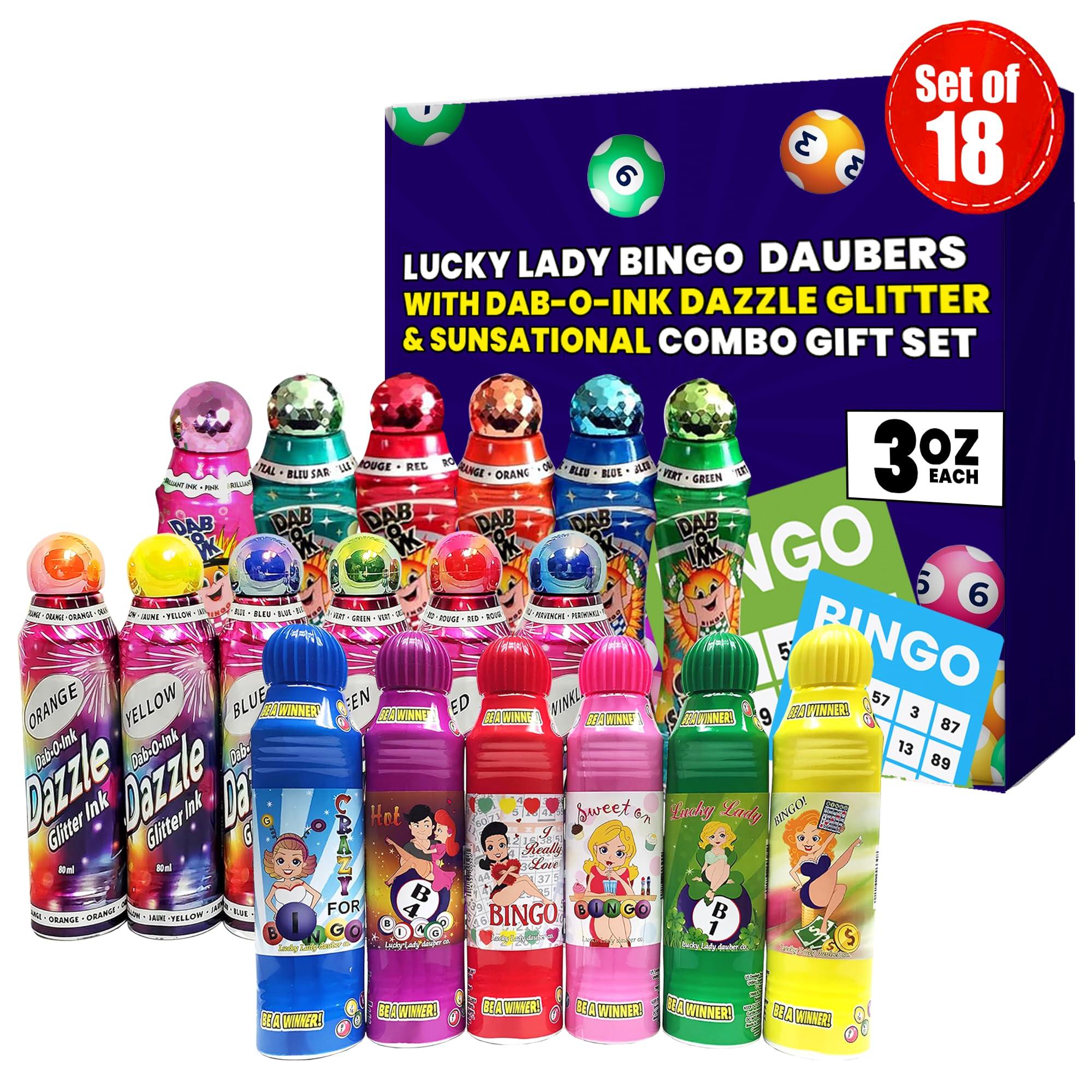 LUCKY LADY DAUBER CO Lucky Lady Bingo Daubers with Dab-O-Ink Dazzle Glitter and Sunsational Combo Gift Set 3 oz. 18 Pack, Versatile Bingo Ink Daubers - Bingo Markers and Bingo Stampers for Adults and Kids
