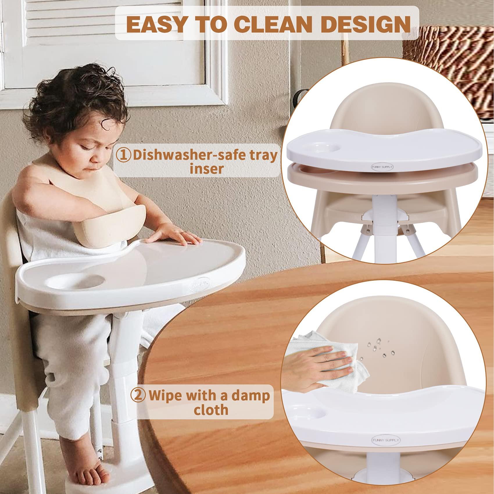 FUNNY SUPPLY FUNNY SUPPLY 3-in-1 Cute Folding High Chair, Perfect Modern Space Saving Highchair with Detachable Double Tray, 3-Point Harness, Cream Color