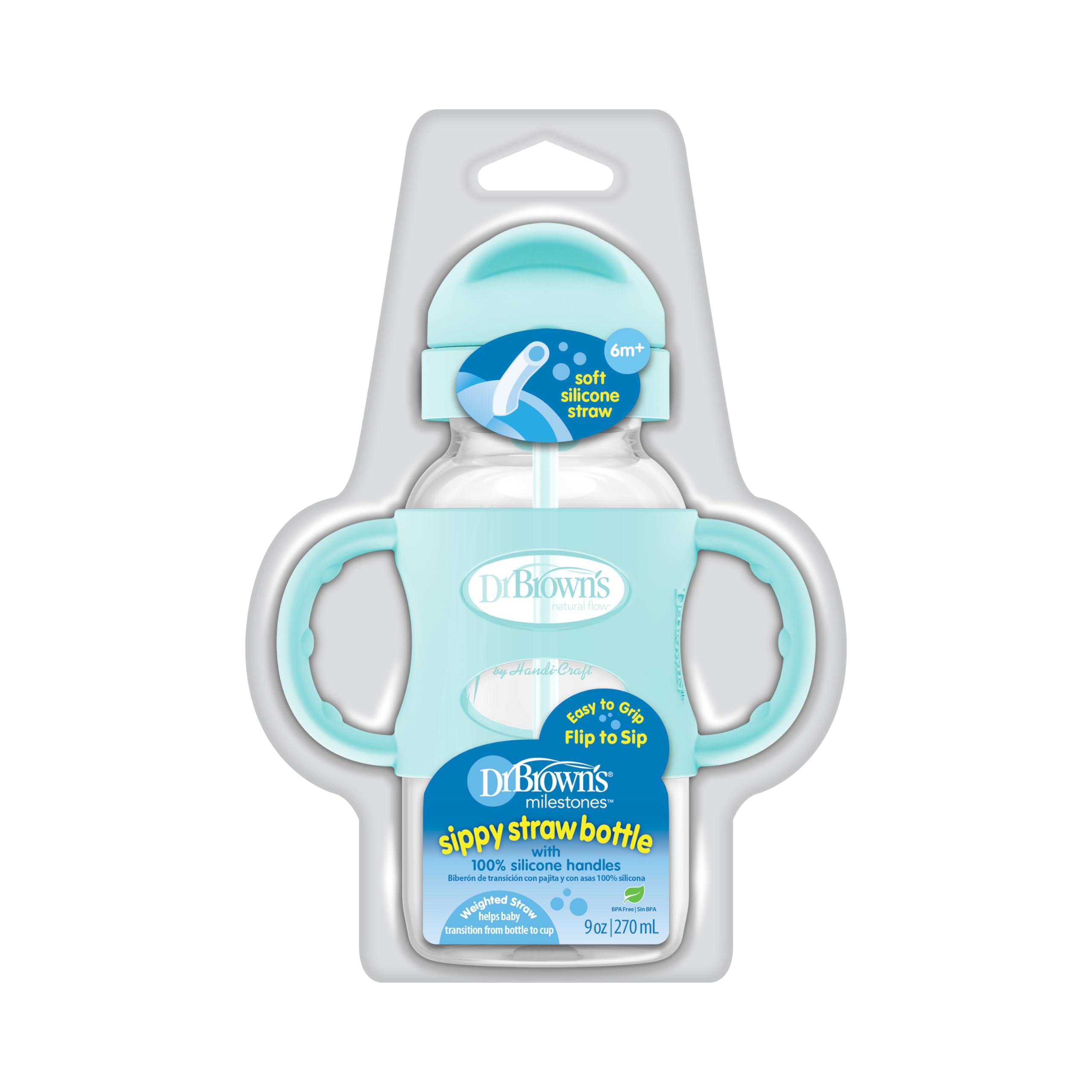 Dr. Brown's Dr. Brown's Milestones Wide-Neck Sippy Straw Bottle with 100% Silicone Handles and Weighted Straw, 9 oz/270 mL, Green, 6m+