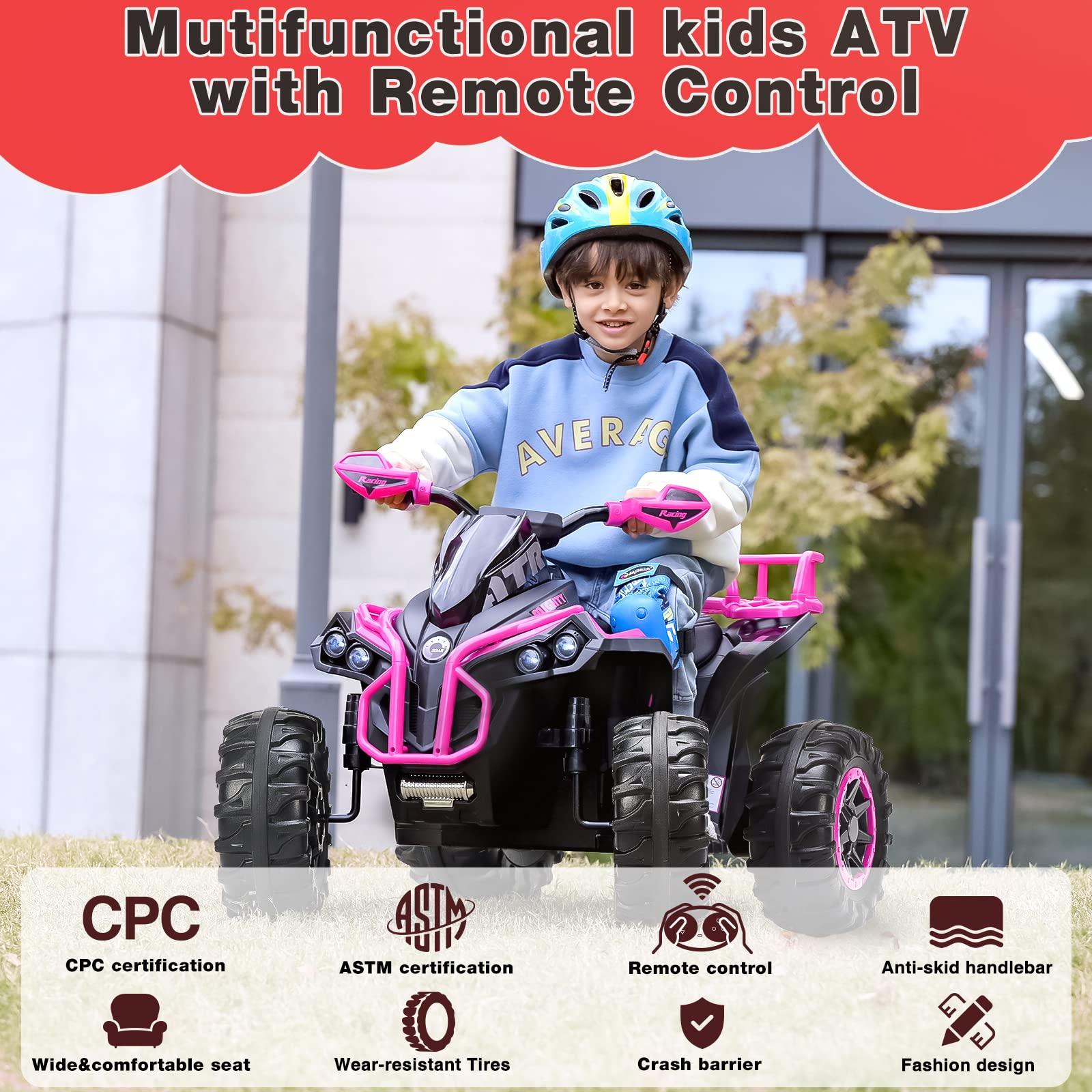 SOAR Soar Remote Control Four Wheeler for Kids - Electirc Toddler 4 Wheeler for Kids 3-6, Ride on ATV 12v Battery Powered, Kids Quad with LED Lights, Music, High Low Speed, USB/TF, Treaded Tires, Pink