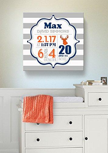 MuralMax Personalized Stretched Canvas, Striped Birth Announcement, Custom Baby Name, Date, Weight Stats, Safari Deer Nursery Wall Decor, Wooden Frame Construction, Ready to Hang 24X24