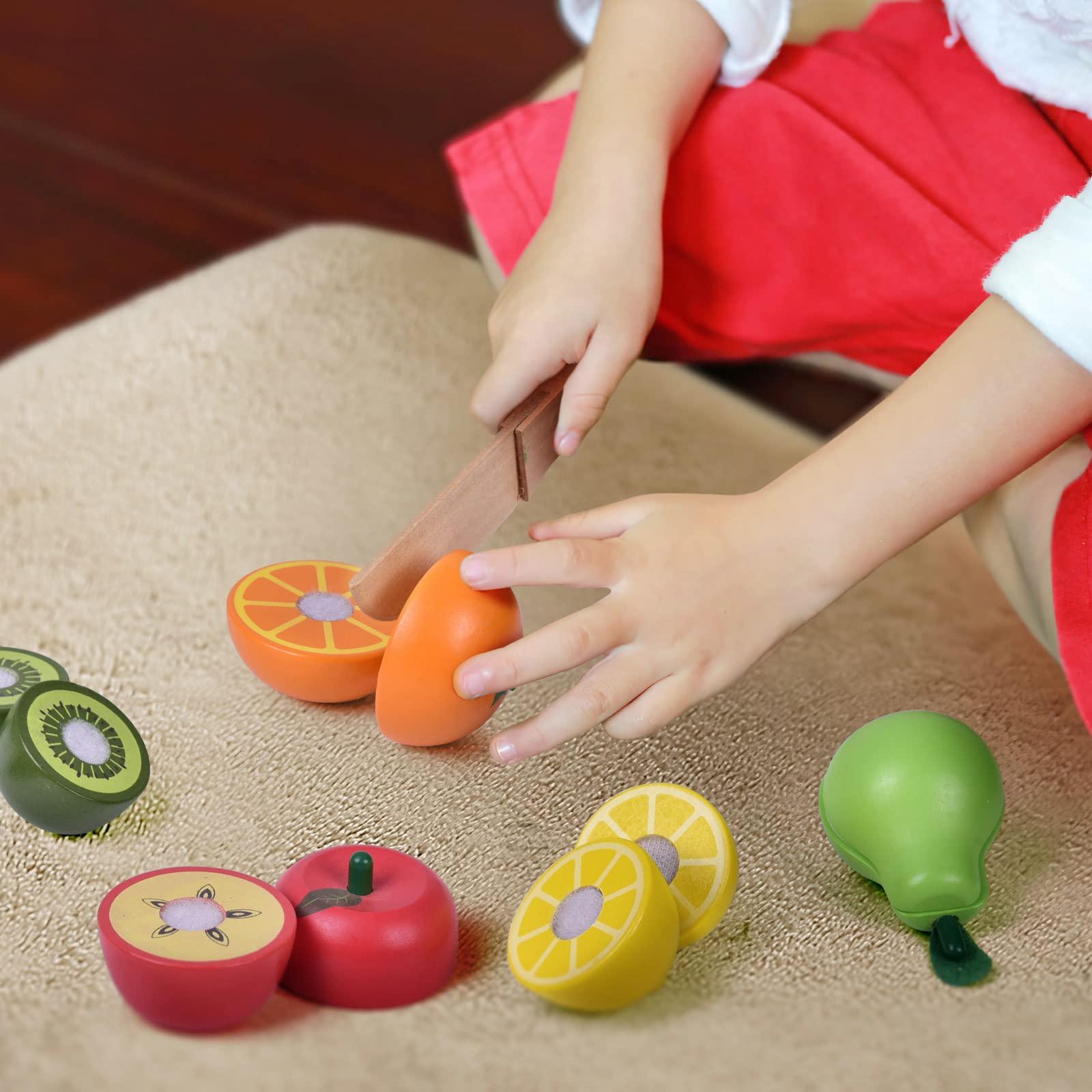 FUN LITTLE TOYS Wooden Cutting Play Food Toys - 11 PCS Wood Pretend Cutting Play Food Educational Set for Toddlers 1-3, Veggie Slicers Playset, Toys Food and Fruits with Storage Case for Christmas Birthday Gifts