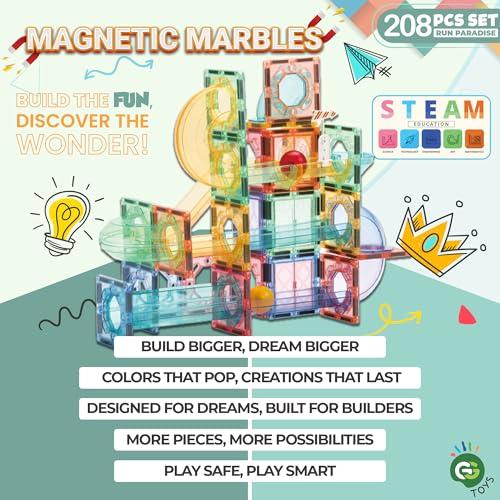 GG TOYS GG TOYS Magnetic Marble Run  208 PCS Magnetic Tiles & Construction Blocks Set  STEM Building Toys for Boys & Girls Ages 3-9  3D Educational Marble Race Game  Gift for Birthdays & Classrooms