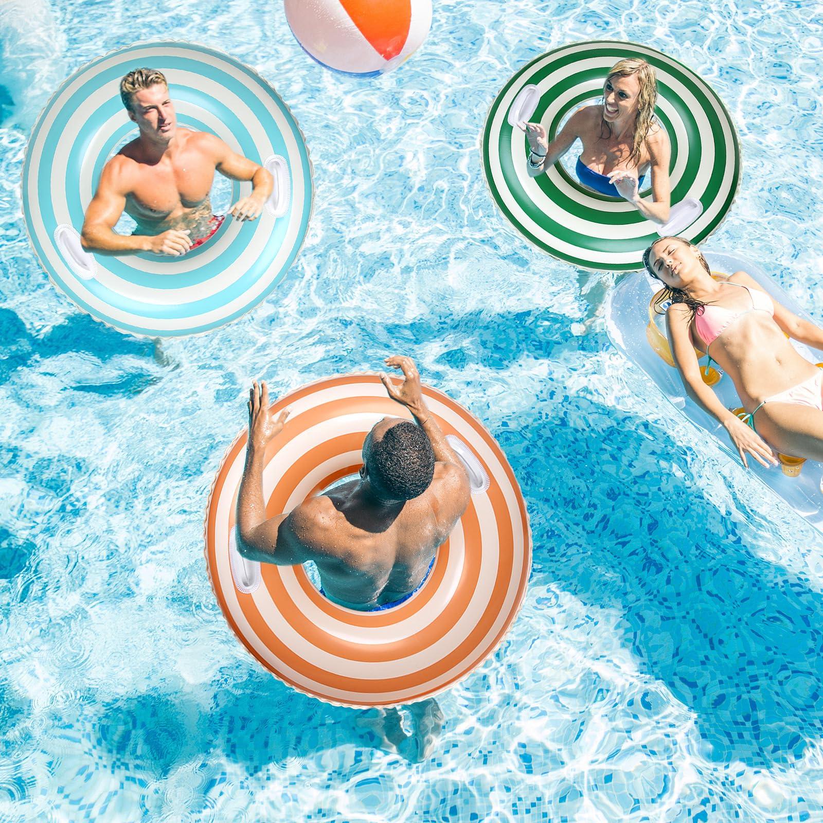Whaline Whaline 3Pcs Pool Tube with Handles Retro Orange Green Blue Striped Swim Pool Rings Inflatable Float Loungers Tube for Summer Swimming Pool Beach Bachelorette Party, 30 x 14 Inch