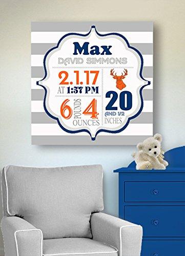 MuralMax Personalized Stretched Canvas, Striped Birth Announcement, Custom Baby Name, Date, Weight Stats, Safari Deer Nursery Wall Decor, Wooden Frame Construction, Ready to Hang 24X24