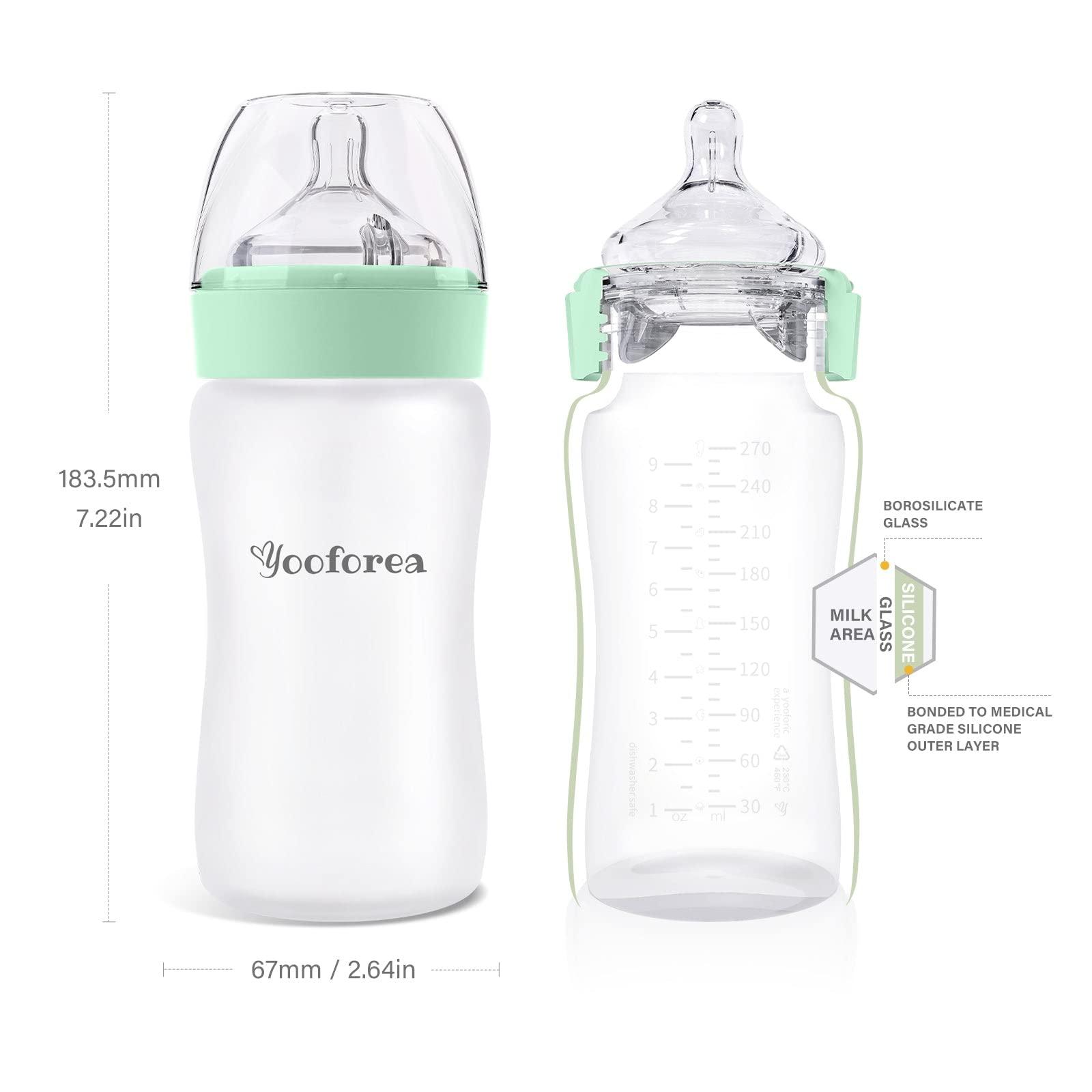YOOFOREA Yooforea Silicone Coated Glass Baby Bottle, 6M+ Fast Flow Nipple I Anti-Colic, Wide Neck, Stable Base I Medical-Grade Silicone Coating for Shatter Protection, BPA BPS PVC Free (9 Ounce-Tea)