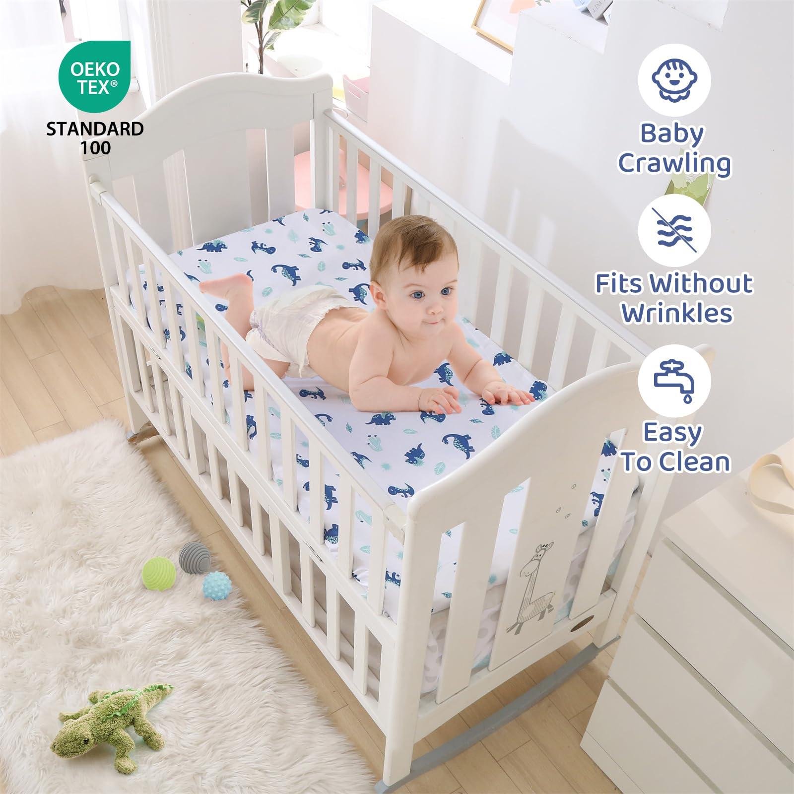 Wowelife Wowelife Dinosaur Mini Crib Bedding Set for Boys Blue Premium 3-Piece Baby Bedding Sheet Set Dinosaurs Nursery Crib Set Crib Comforter Set Breathable and Soft for Baby