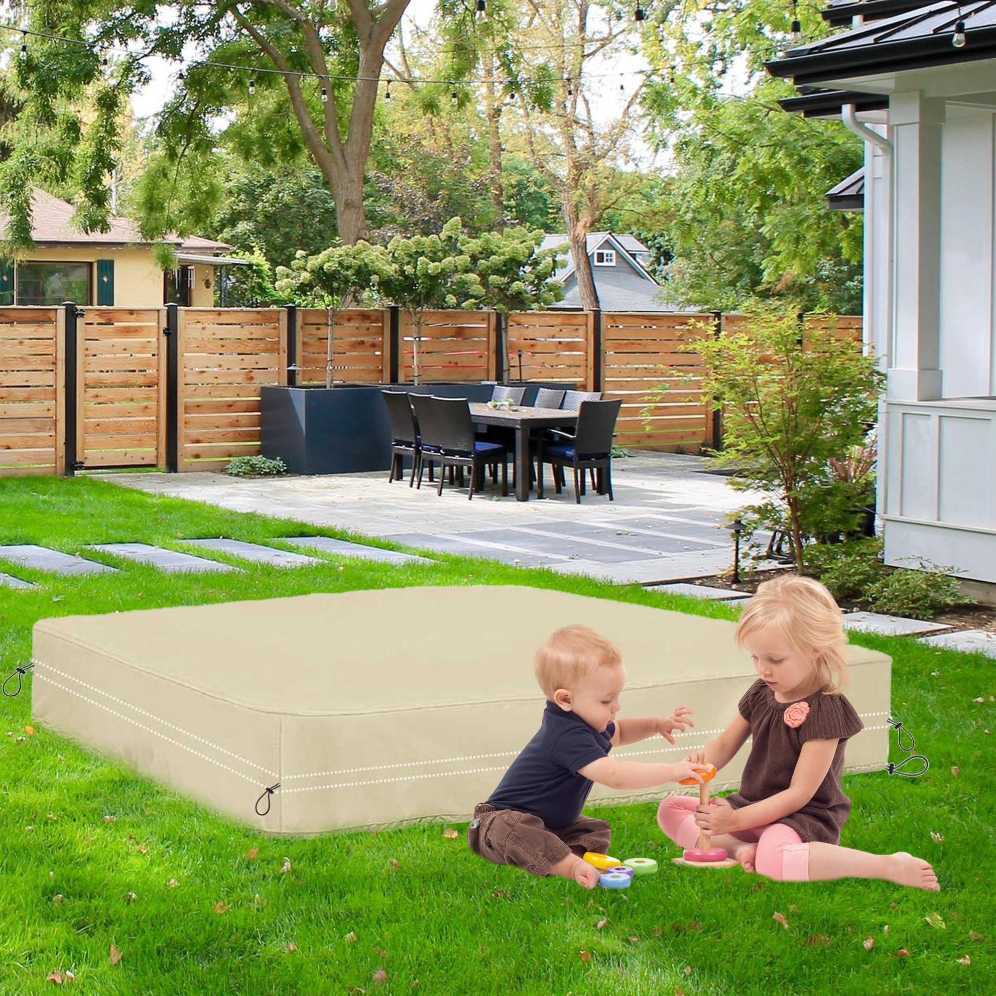 DUSTYPROTE DUSTYPROTE Sandbox Cover, 420D Heavy Duty Children\'s Sandbox Protection, Sand Coxes for Kids Outdoor with Lid-60in, Square Sandboxes Sandpit Cover (Khaki)