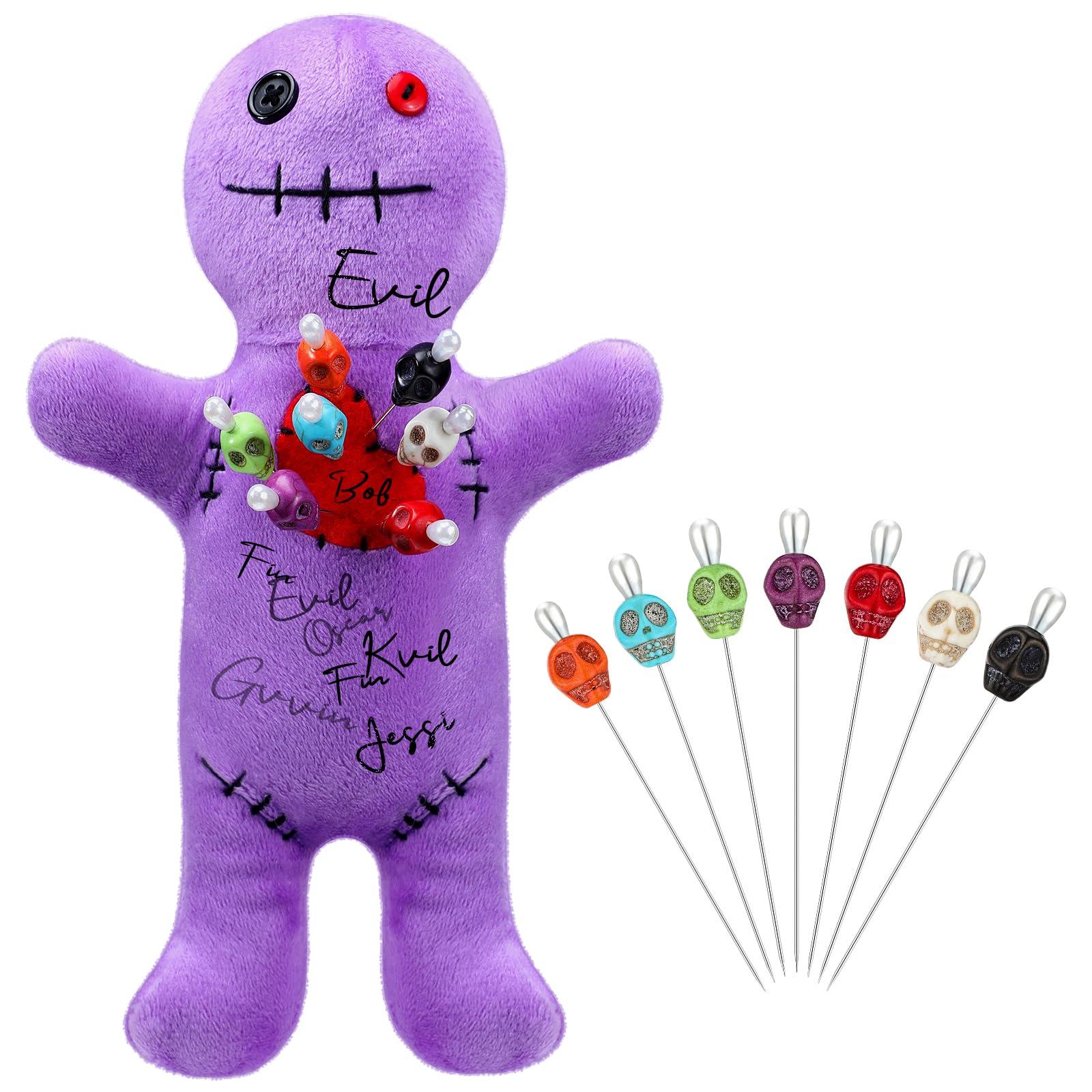 Kathfly Kathfly 8 Pcs Voodoo Doll Set Include Horror Doll, 7 Pcs Skull Pins Ghost Soft Revenge Dammit Creepy Pin Holder Voodoo Resin Metal Straight Pins Stress Relieving(Purple)