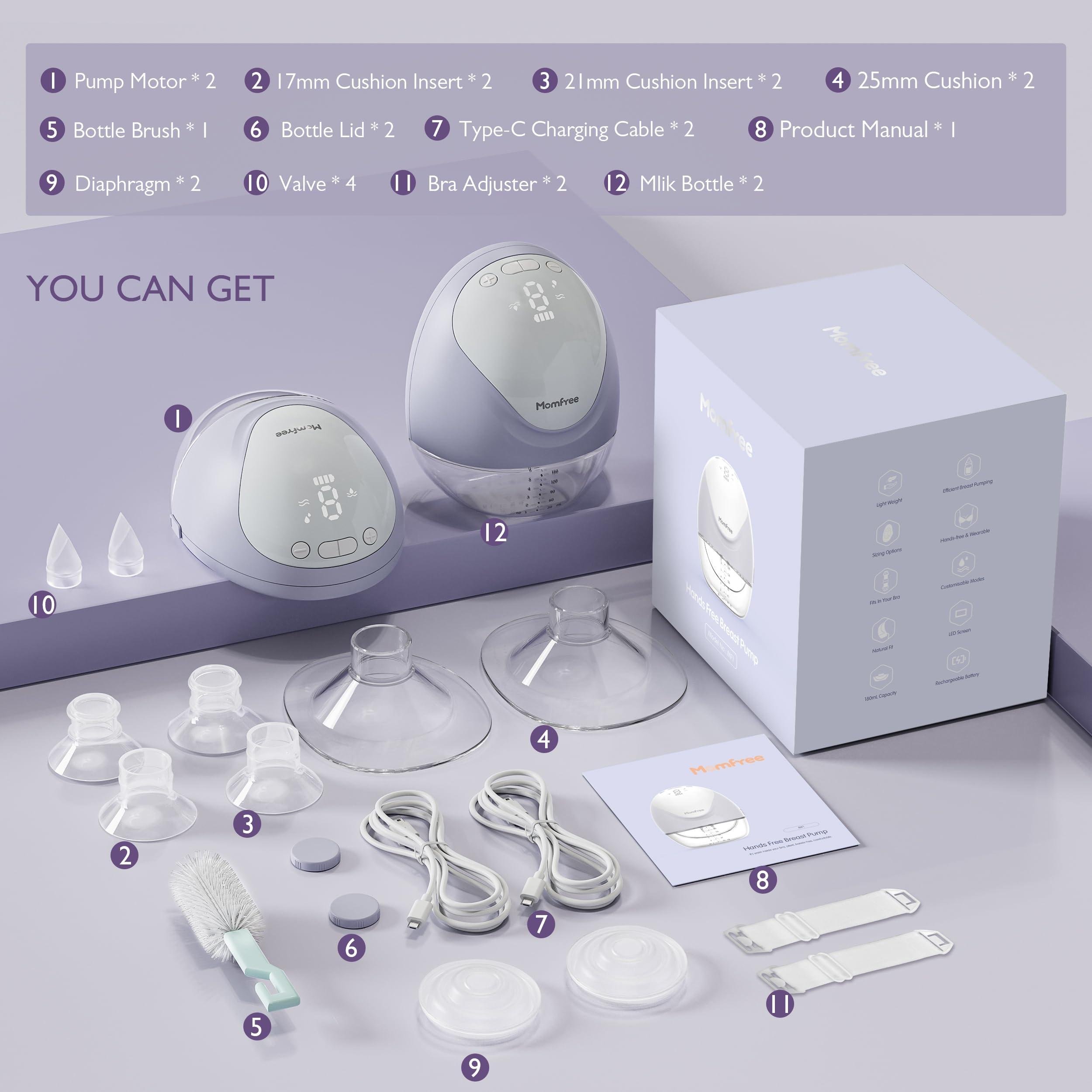 Momfree Hands Free Breast Pump:Wearable Breast Pump Portable with 3 Modes/9 Levels/LED Display - Low Noise,for 25/21/17mm Silicone Cushion Insert,2 Count
