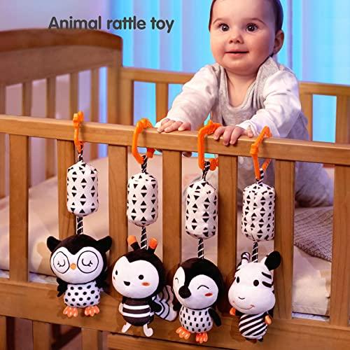 TUMAMA TUMAMA Black and White Baby Toys for 3 6 9 12 Months,Plush Hanging Rattles,Newborn Stroller Toys for Boys and Girls,4 Pack