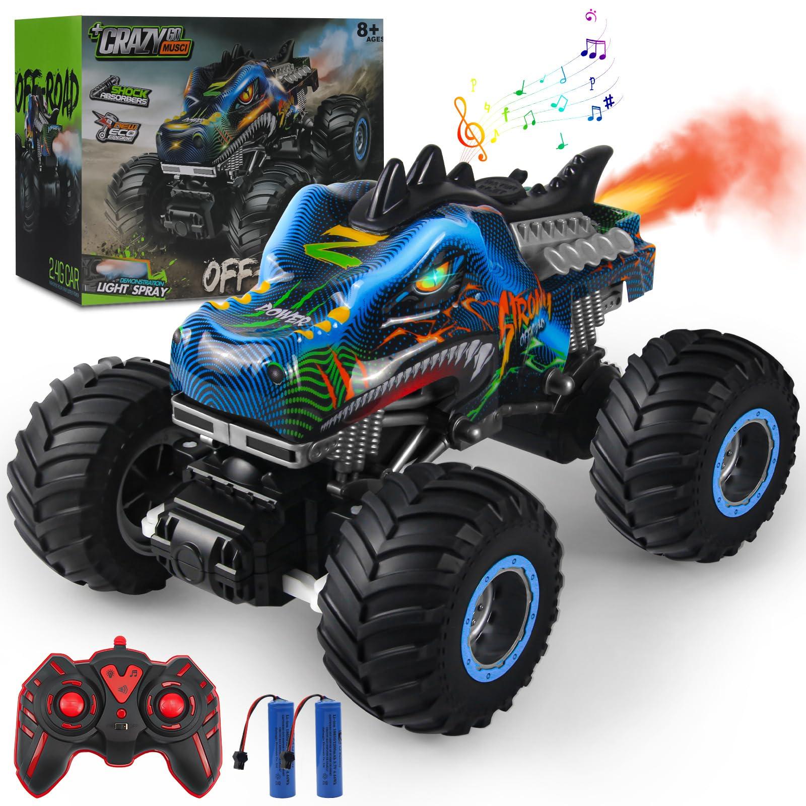 Rhybor Rhybor Remote Control Dinosaur Car, 2.4GHz All Terrain Remote Control Monster Truck, RC Dinosaur Monster Car, Spray Music Monster Truck RC Cars for Boys 4-7 8-12 and Girls