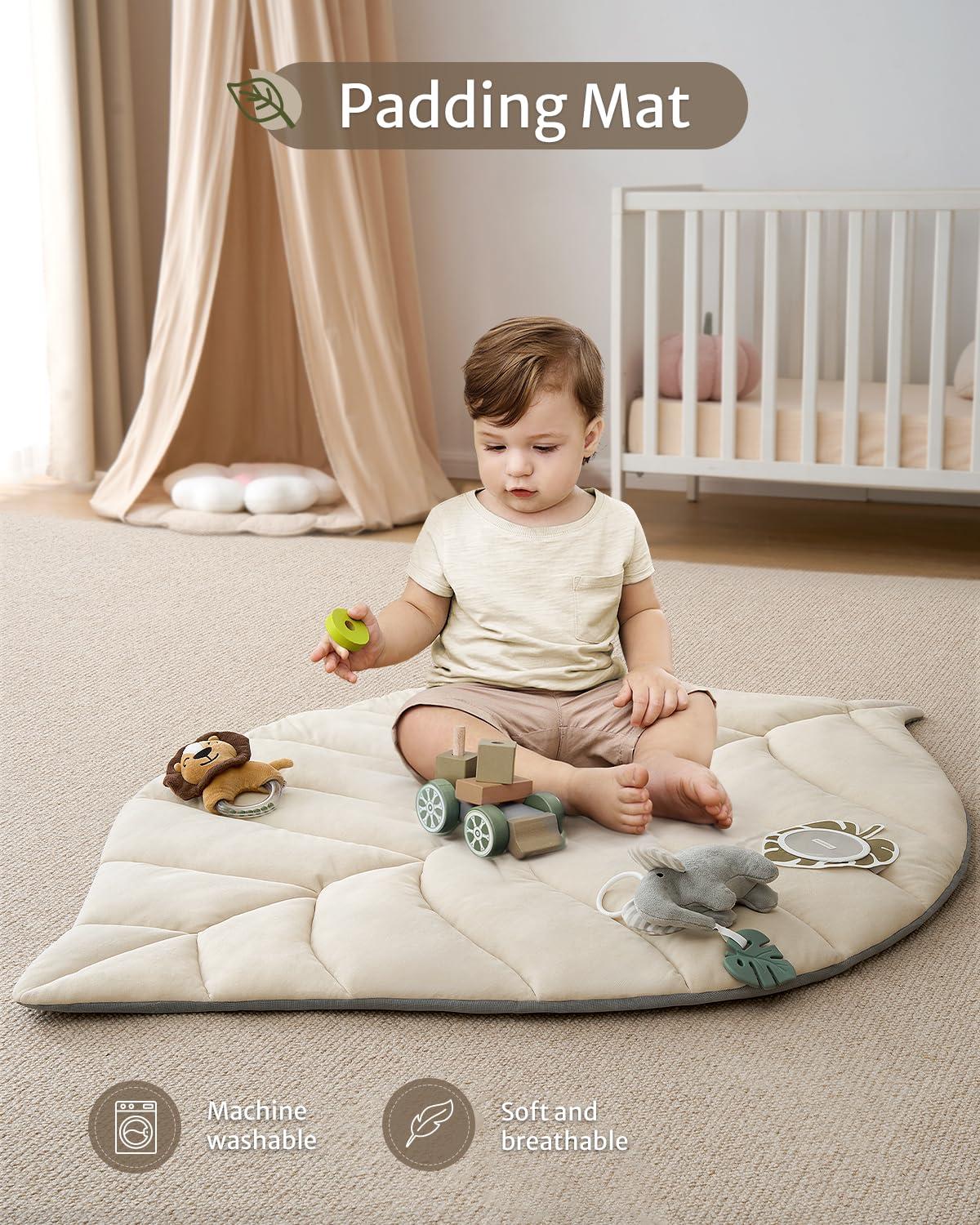 Blissful Diary Blissful Diary Baby Play Gym & Activity Mat, Leaf Shaped Baby Tummy Time Play Mat with 6 Detachable Toys, Promotes Motor Skills & Sensory Development, Newborn Baby Essentials Gift, Oatmeal Beige