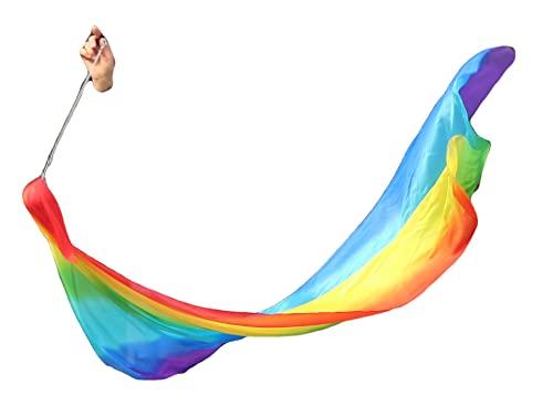 Winged Sirenny Winged Sirenny Single Piece 70" Play Silk Scarf with Poi Ball, Colorful Silk Flag Ribbon Streamer, Belly Dance Practice VOI (Rainbow longside)