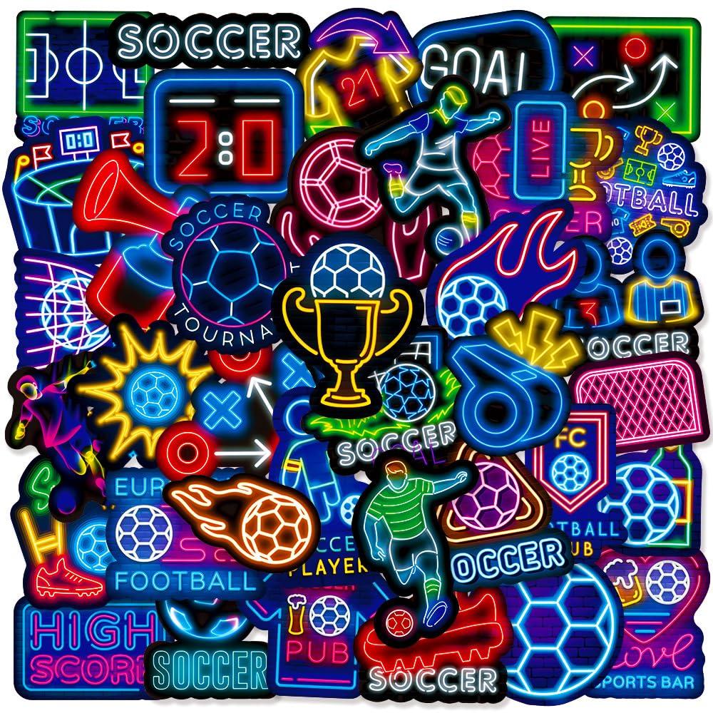 shouqiuzhonglv 50PCS Soccer Stickers, Cool Neon Football Vinyl Waterproof Stickers for Scrapbook Water Bottles, Luggage, Teaching Incentives, Soccer Team Gifts for Kids, Teens and Adults