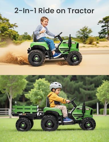 Feetice Tractor Toys, Ride on Tractor with Trailer, 24V 400W Powered Electric Tractor Remote Control, Music Bluetooth and USB Support, Electric Car for Kids, 3 Speed Adjustable, Two-Point Safety Belt, Green