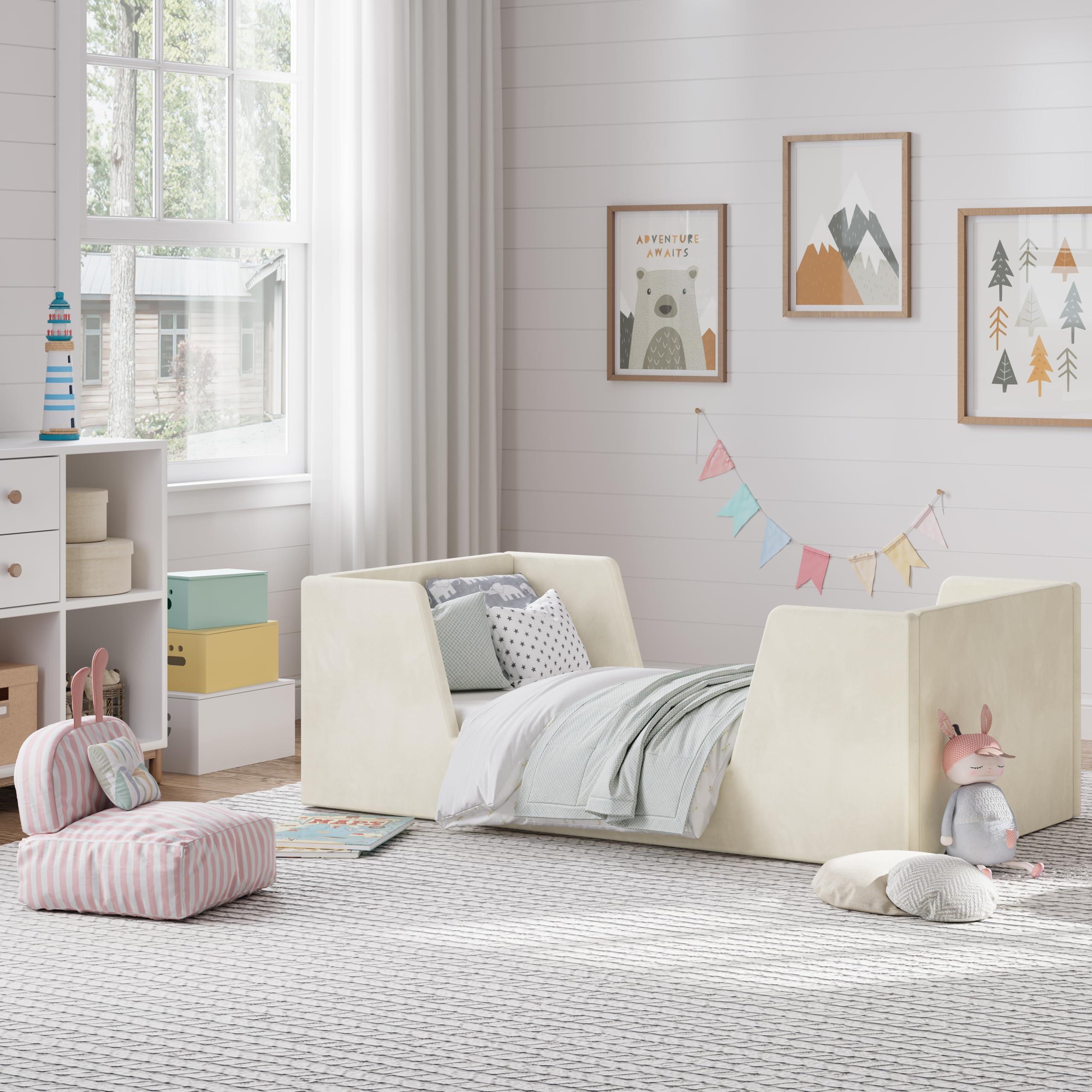 allamazing Toddler Bed, Toddler Floor Bed Frame with Guard Rails, Kids Bed for Ages 2-6 Years, Small Bed for Kids Girls and Boys, Standard Crib Mattress Toddler Beds, Certified Fabric Beds