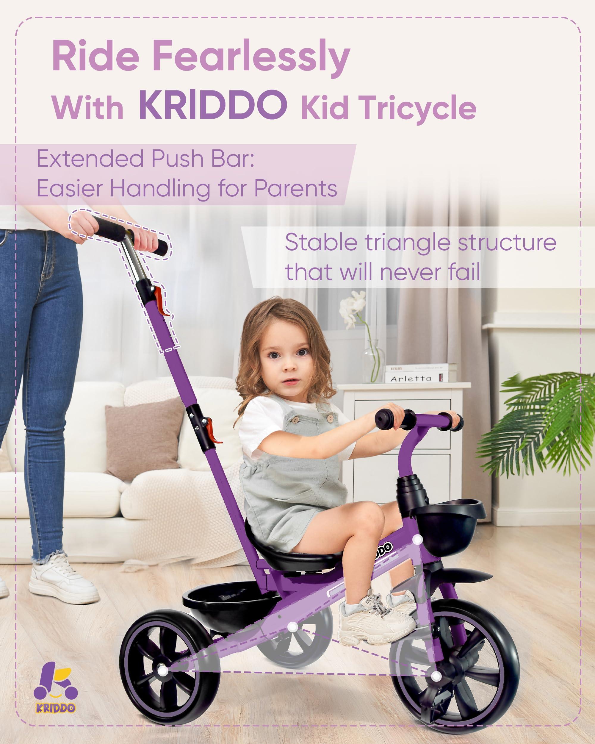 KRIDDO KRIDDO 2-in-1 Toddler Tricycle for Ages 18 Months to 5 Years Old - Extended Push Handle for Effortless Push, Gift Trike for Toddler 3 to 5 Year, Kids Tricycle with Foldable Front Footrest, Purple