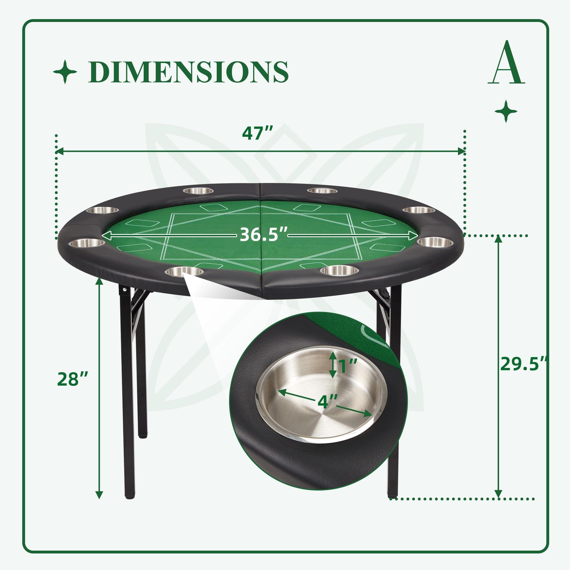 ECOTOUGE ECOTOUGE 8 Players Poker Table Foldable, Round Casino Texas Holdem Table with Stainless Steel Cup Holders & Faux Leather Padded Rails, Folding Gaming Table for Card Games, Green