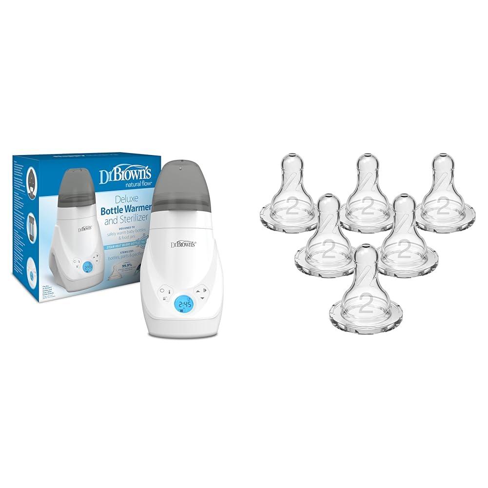 Dr. Brown\'s Dr. Brown's Deluxe Baby Bottle Warmer and Sterilizer Bundle with Dr. Browns Natural Flow Level 2 Narrow Baby Bottle Silicone Nipple, 6 Count